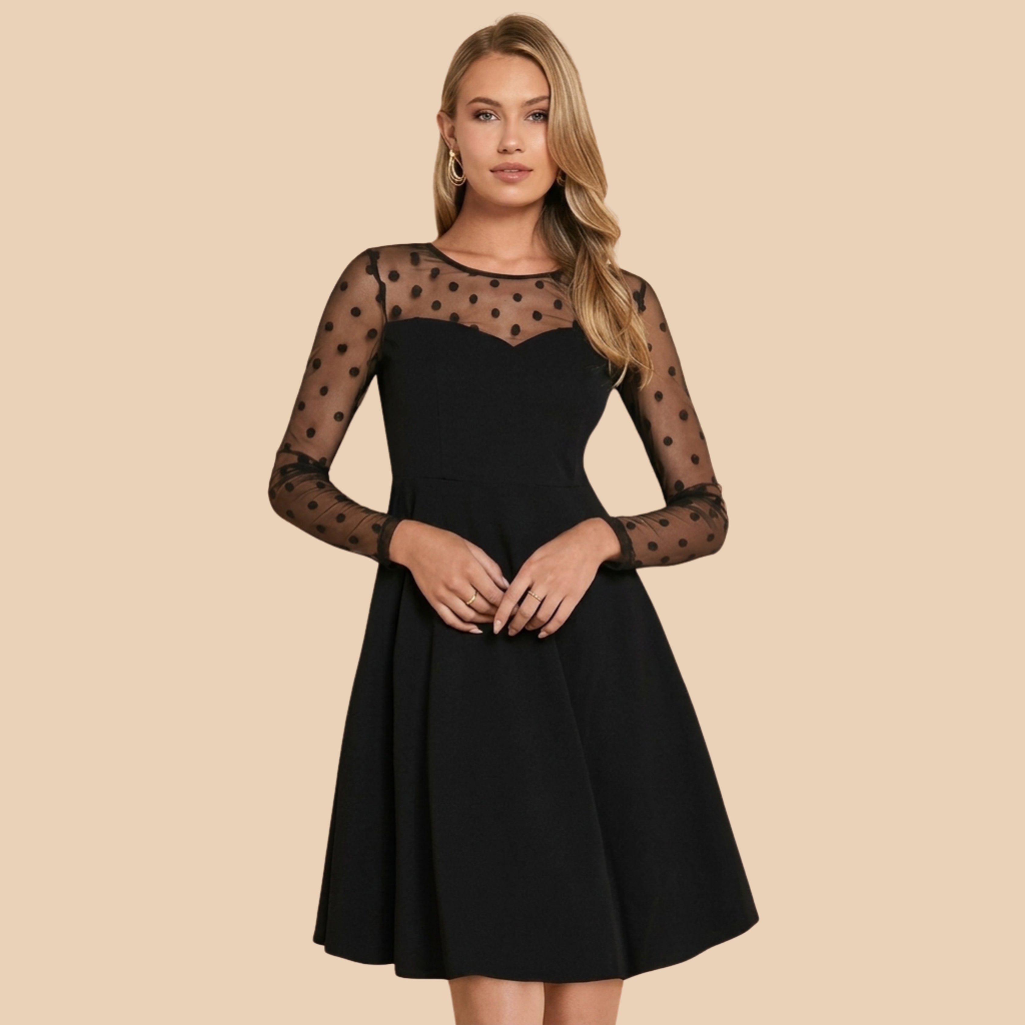 Women’s Black Polka Dot Mesh Sleeve Fit & Flare Cocktail Dress | Elegant Party Dress