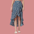 Korean Style Blue Floral High-Low Wrap Midi Skirt for Women | Ruffle Hem Skirt