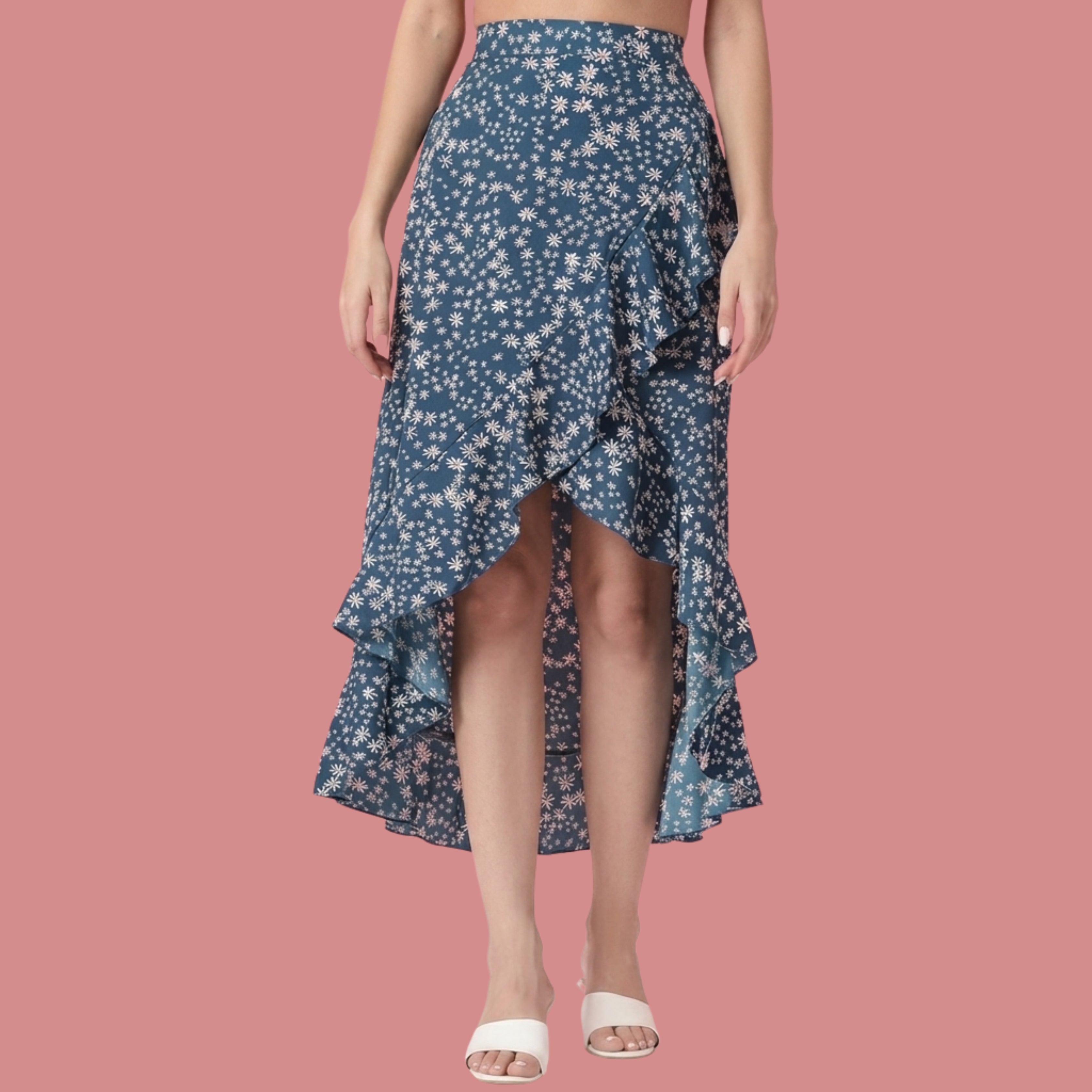 Korean Style Blue Floral High-Low Wrap Midi Skirt for Women | Ruffle Hem Skirt