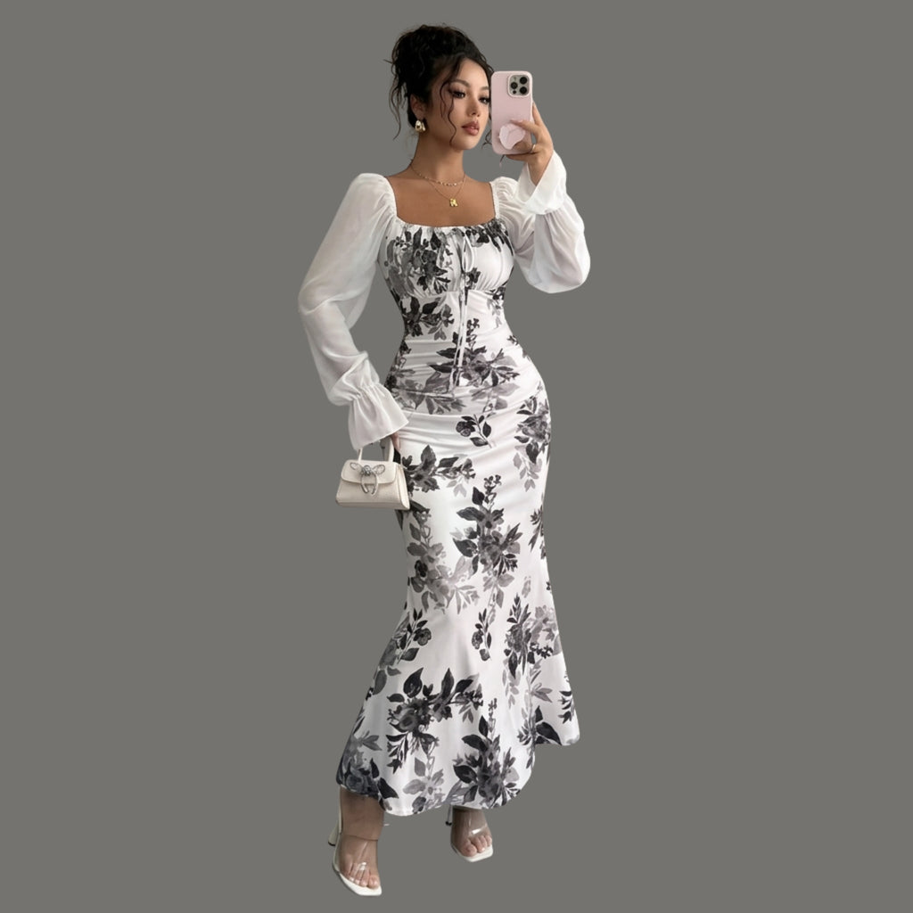 Women's White Floral Mermaid Maxi Dress