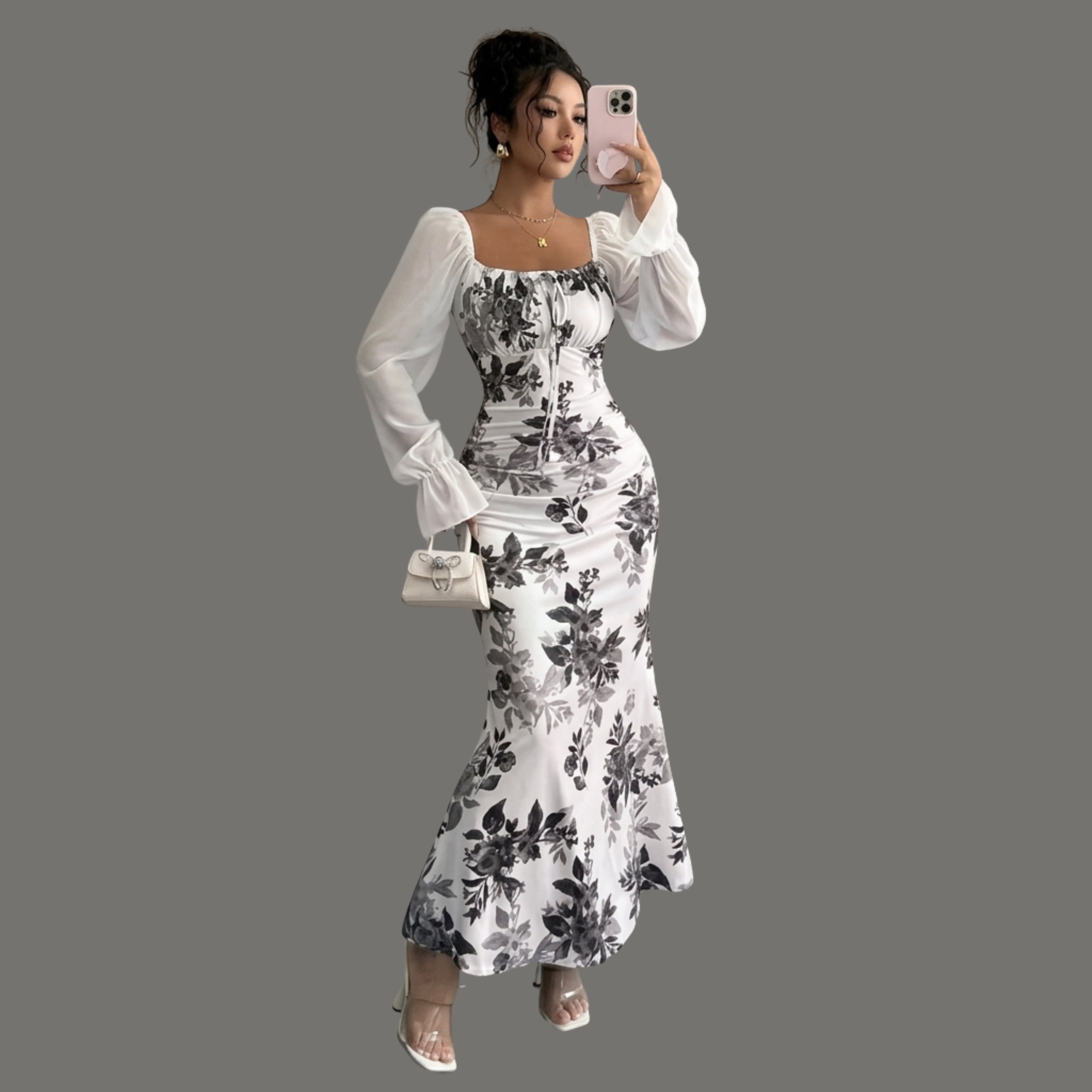 Women's White Floral Mermaid Maxi Dress