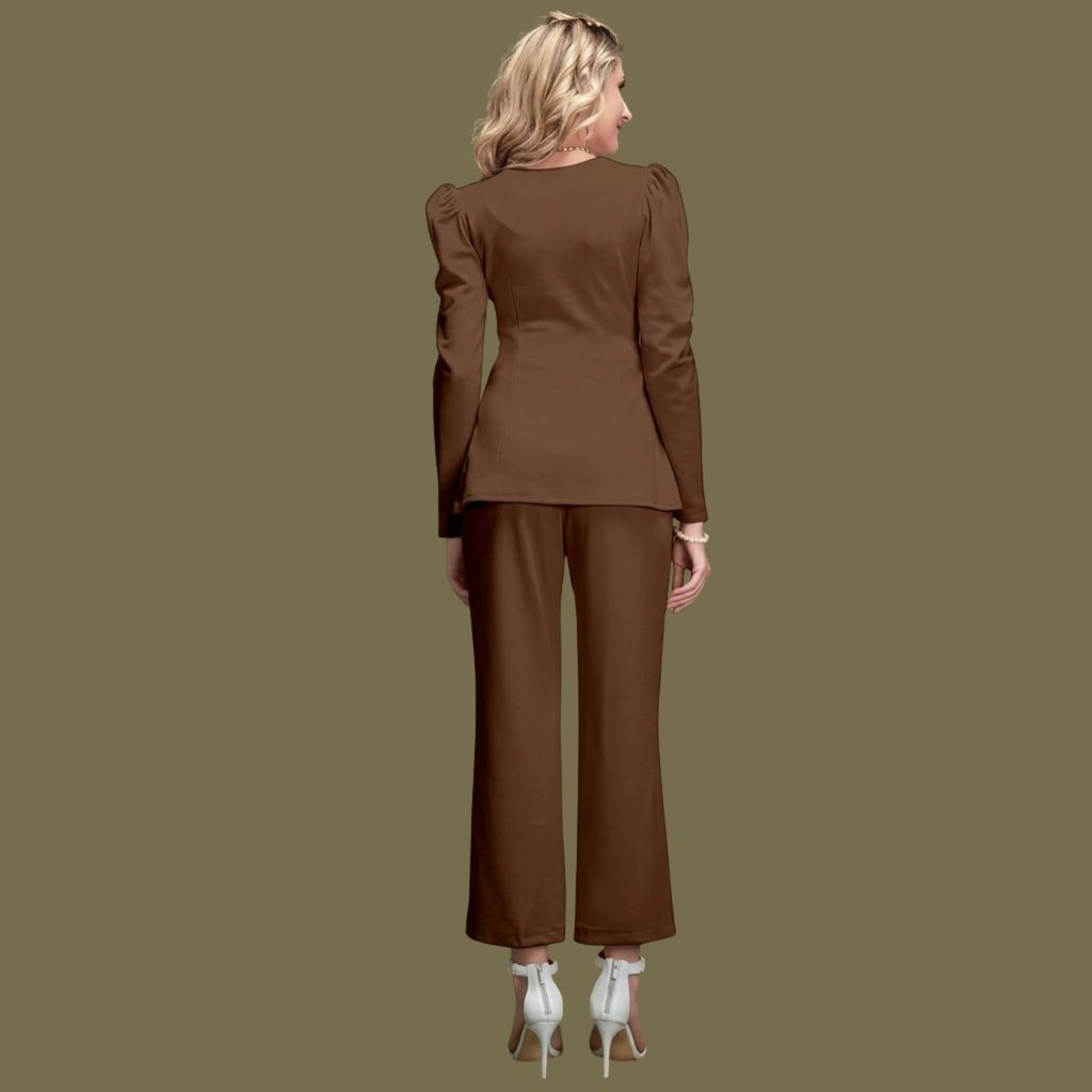 Women's Brown Puff Sleeve Peplum Co-Ord Set | Elegant Two-Piece Pants Top Set