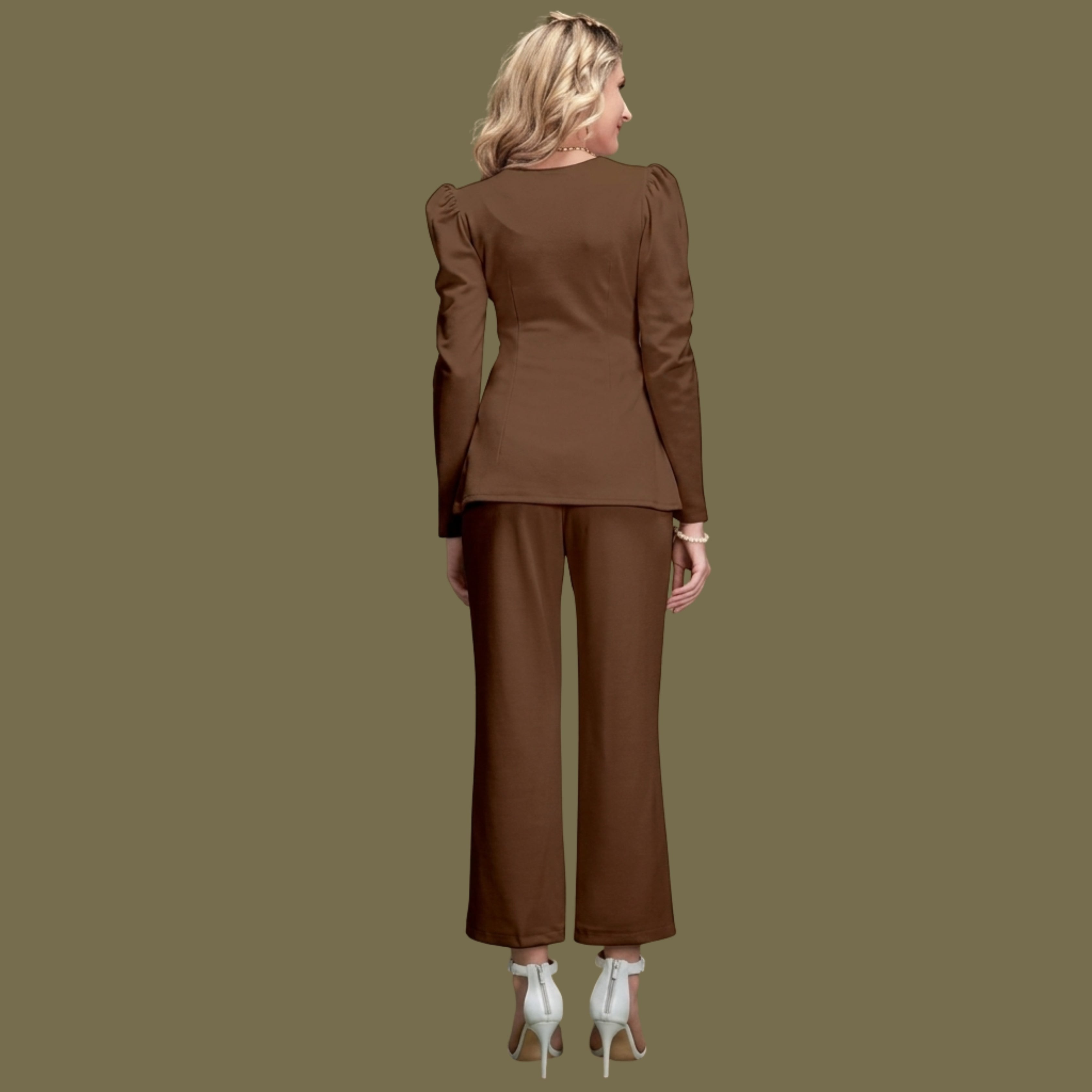 Women's Brown Puff Sleeve Peplum Co-Ord Set | Elegant Two-Piece Pants Top Set