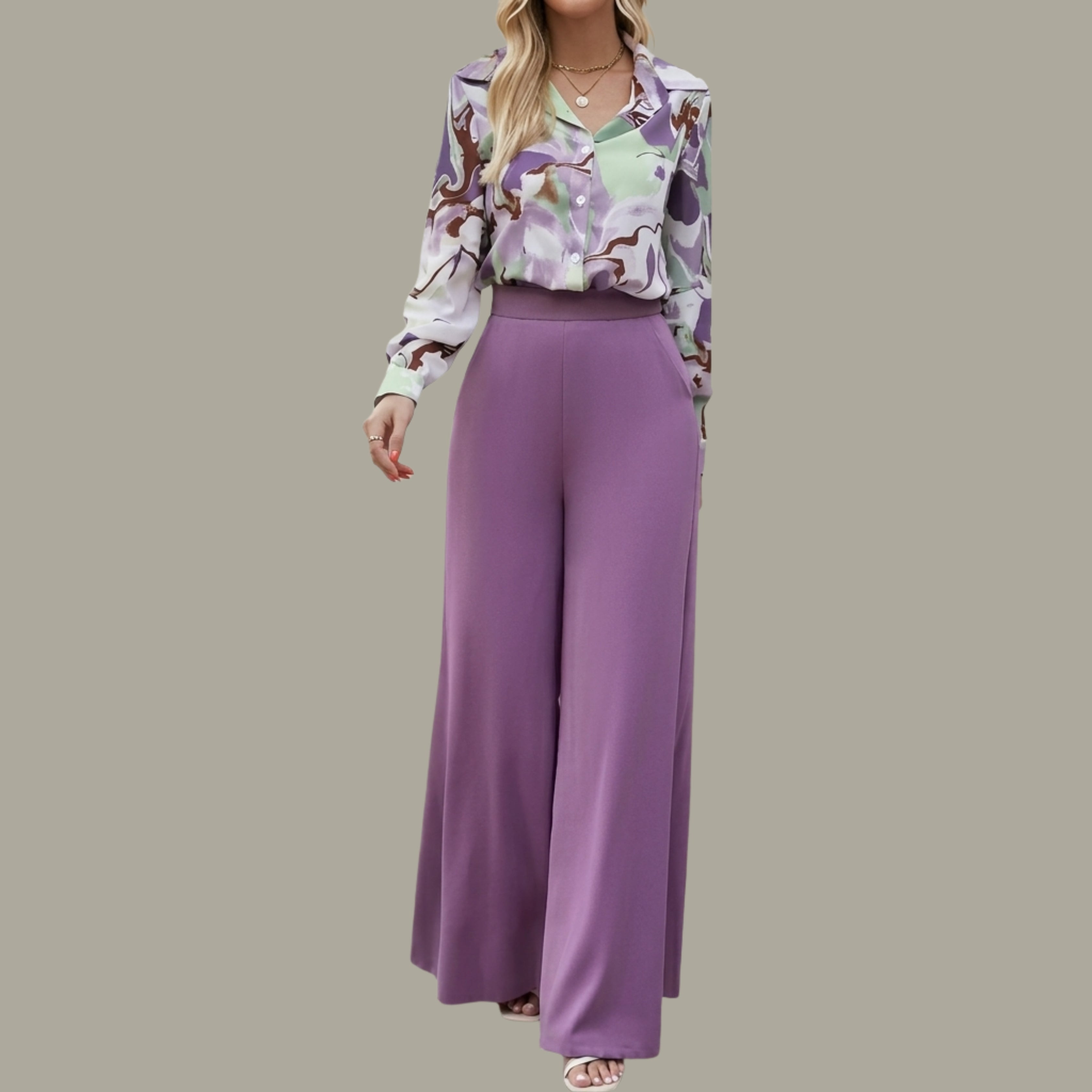 Women's Purple Printed Shirt & High-Waist Wide Leg Pants Co-Ord Set | Elegant Casual Two-Piece Outfit