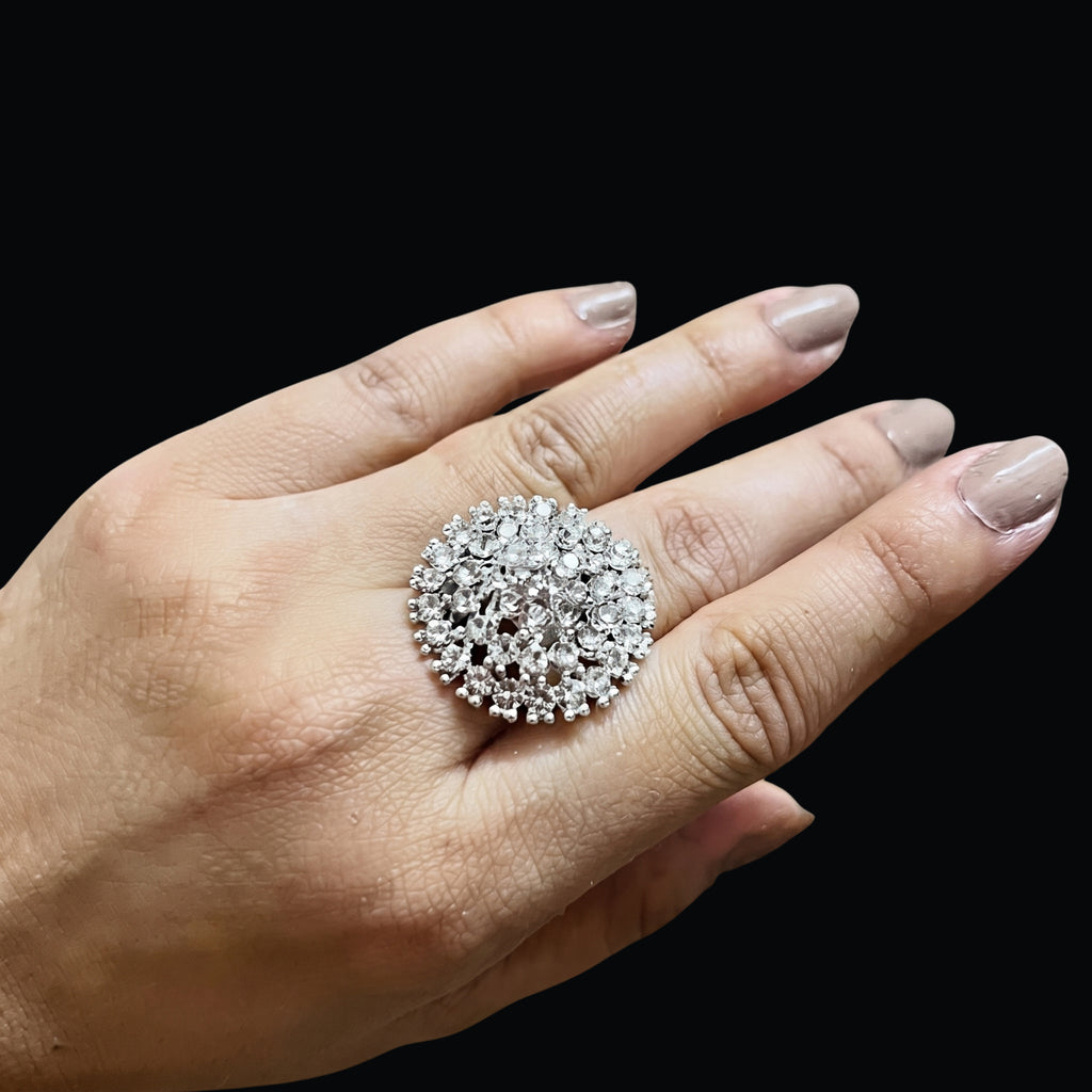 Royal Halo Crystal Adjustable Ring for Women | Anti-Tarnish Silver Statement Ring