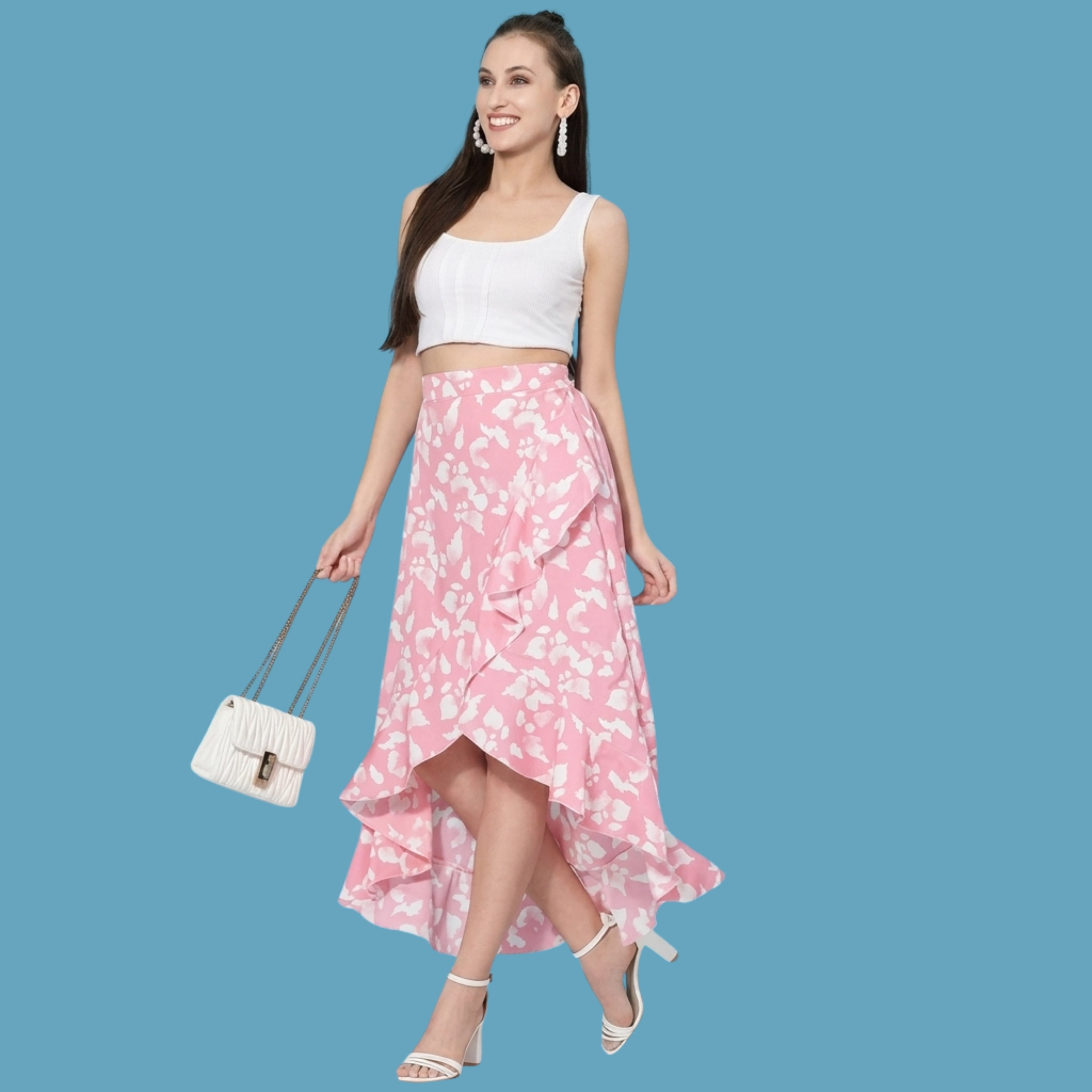 Korean Style Floral High-Low Wrap Maxi Skirt for Women | Pink Ruffle Long Skirt