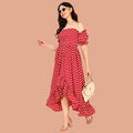 Red Chevron Print Off-Shoulder High-Low Maxi Dress