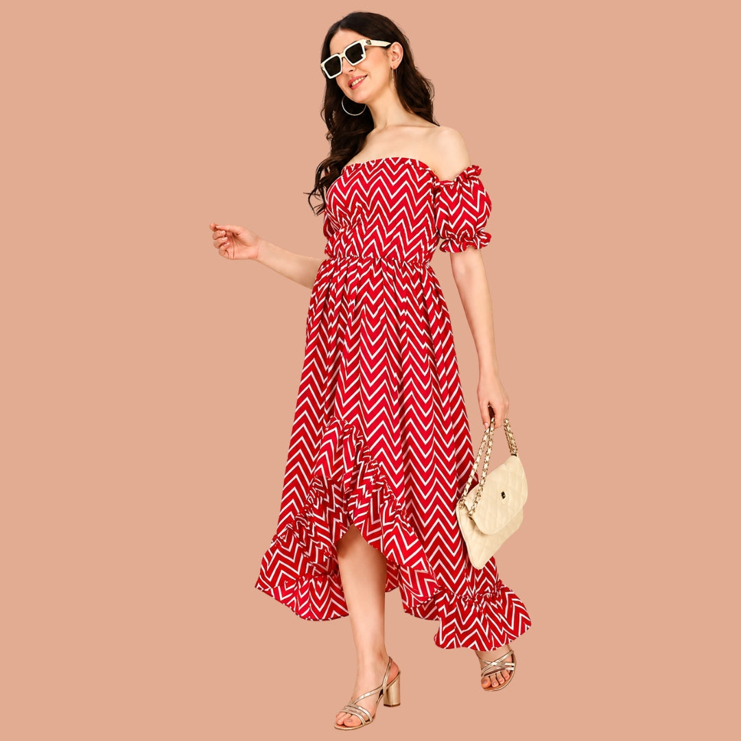 Red Chevron Print Off-Shoulder High-Low Maxi Dress