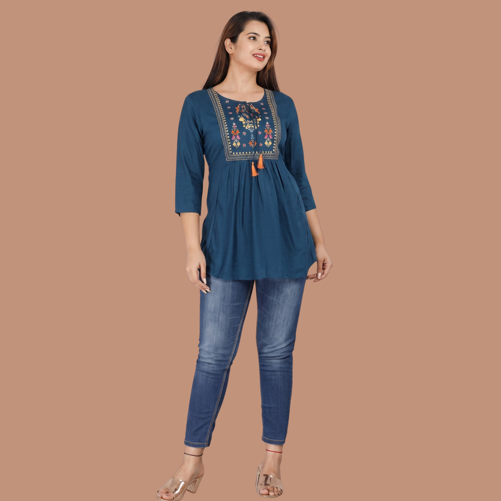 Women's Navy Blue Embroidered Short Kurti | Casual Ethnic Top