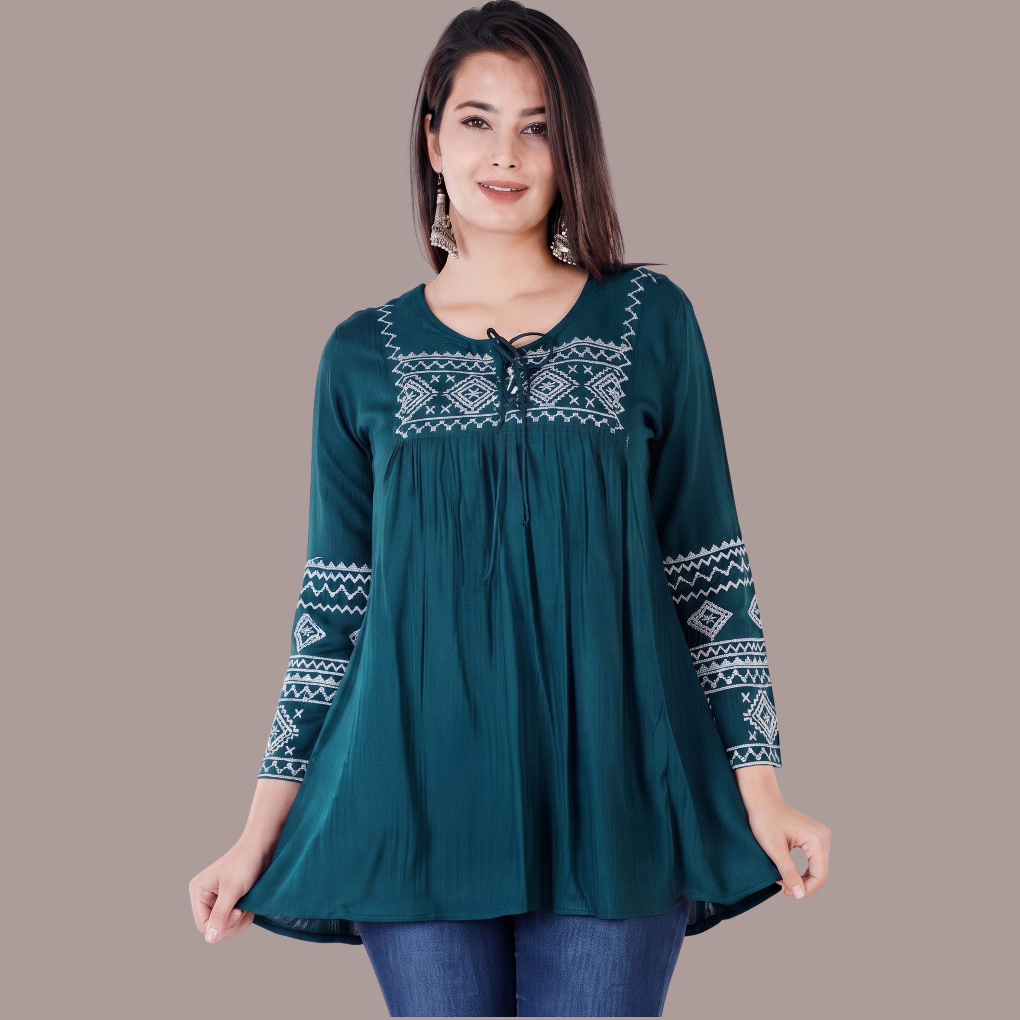 Women's Teal Blue Embroidered Short Kurti | Casual & Office Wear