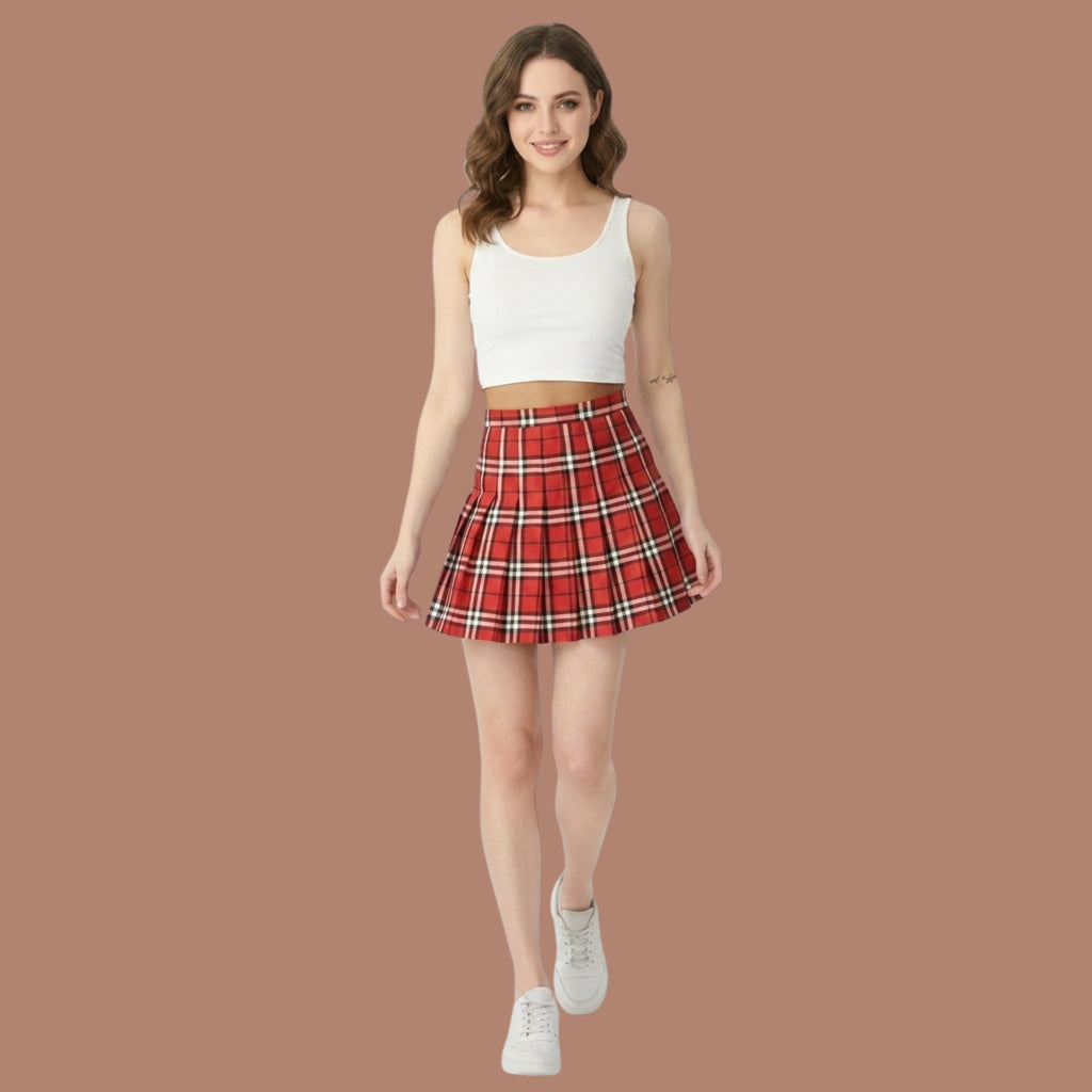 Korean Style Red Plaid Pleated Mini Skirt for Women | High Waist A-Line Tennis Skirt | Nine99 Store
