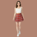 Korean Style Red Plaid Pleated Mini Skirt for Women | High Waist A-Line Tennis Skirt | Nine99 Store