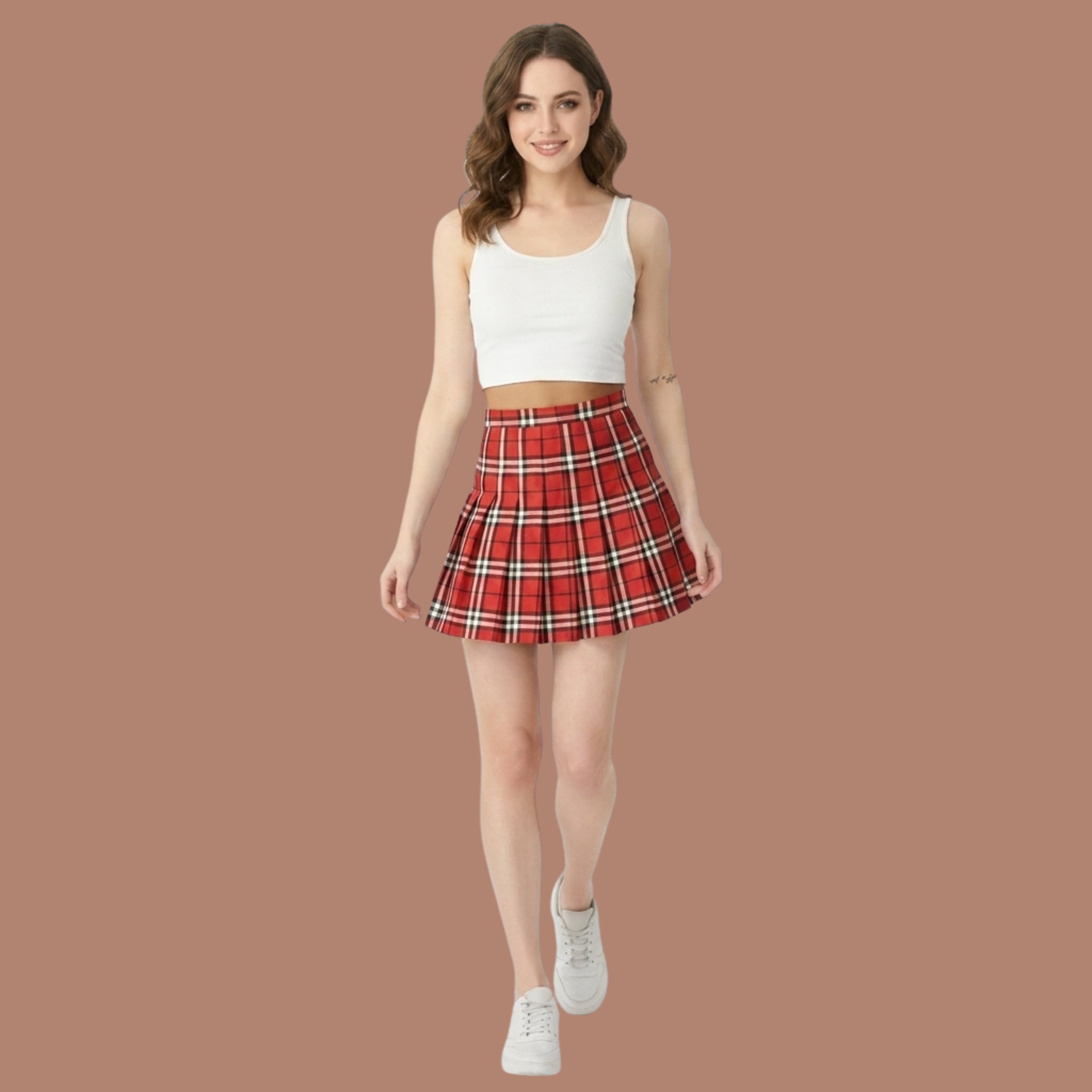 Korean Style Red Plaid Pleated Mini Skirt for Women | High Waist A-Line Tennis Skirt | Nine99 Store