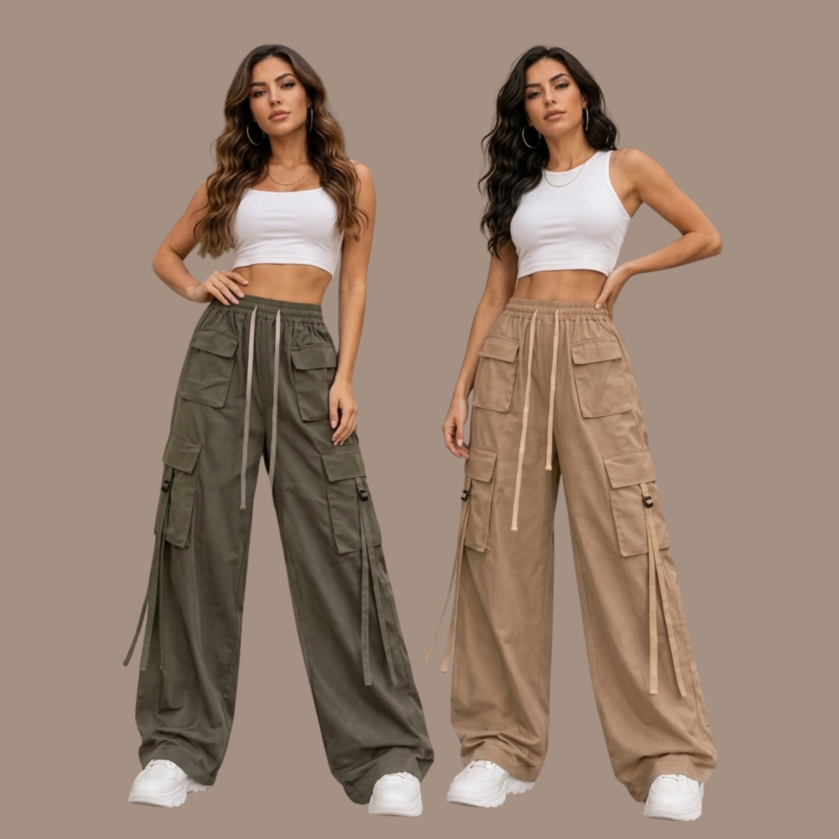 Korean Cargo Pant Combo for Women (Pack of 2) | Wide Leg Drawstring Utility Pants | Olive & Beige |