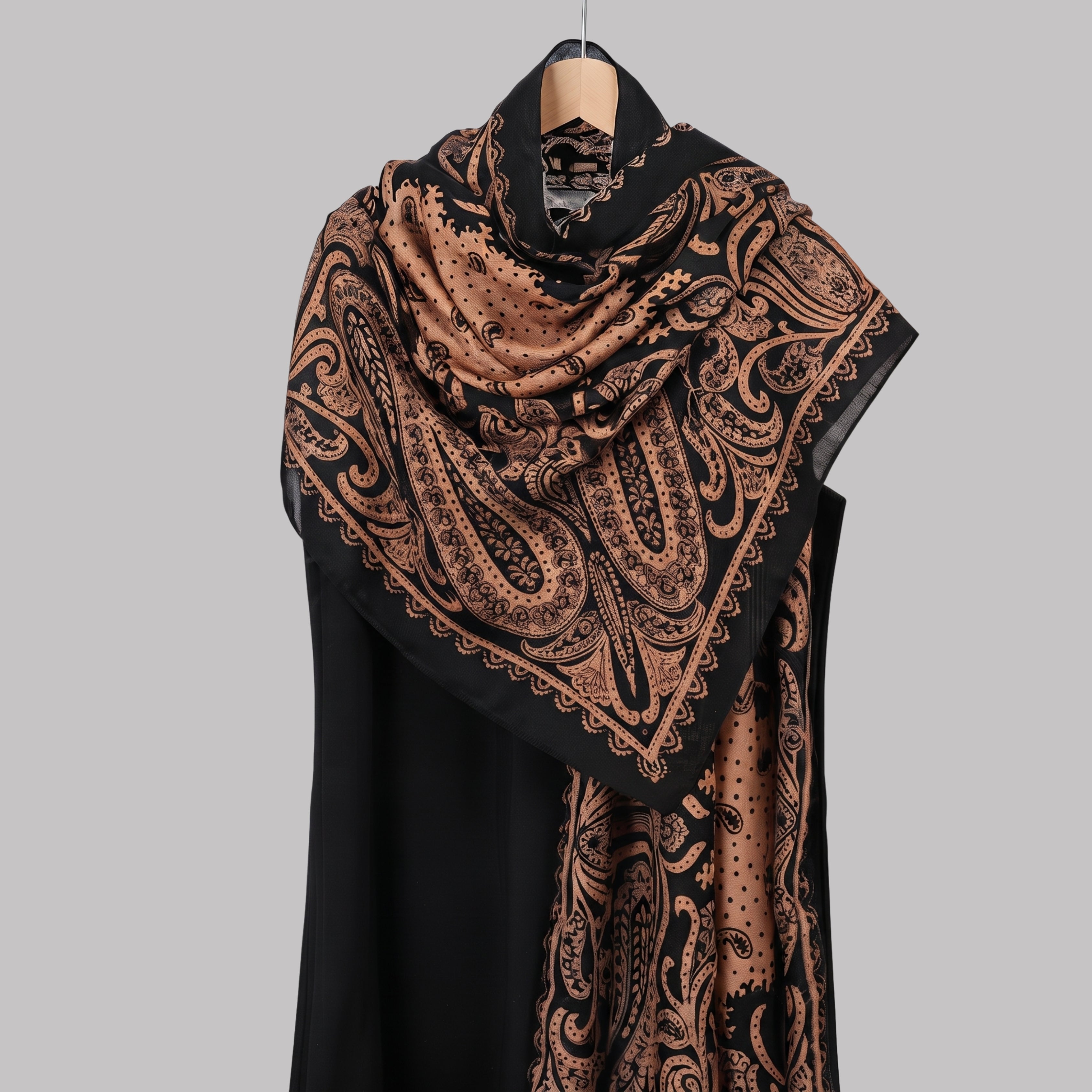 Classic Black & Beige Paisley Print Satin Scarf for Women | Elegant Lightweight Shawl, Wrap & Stole