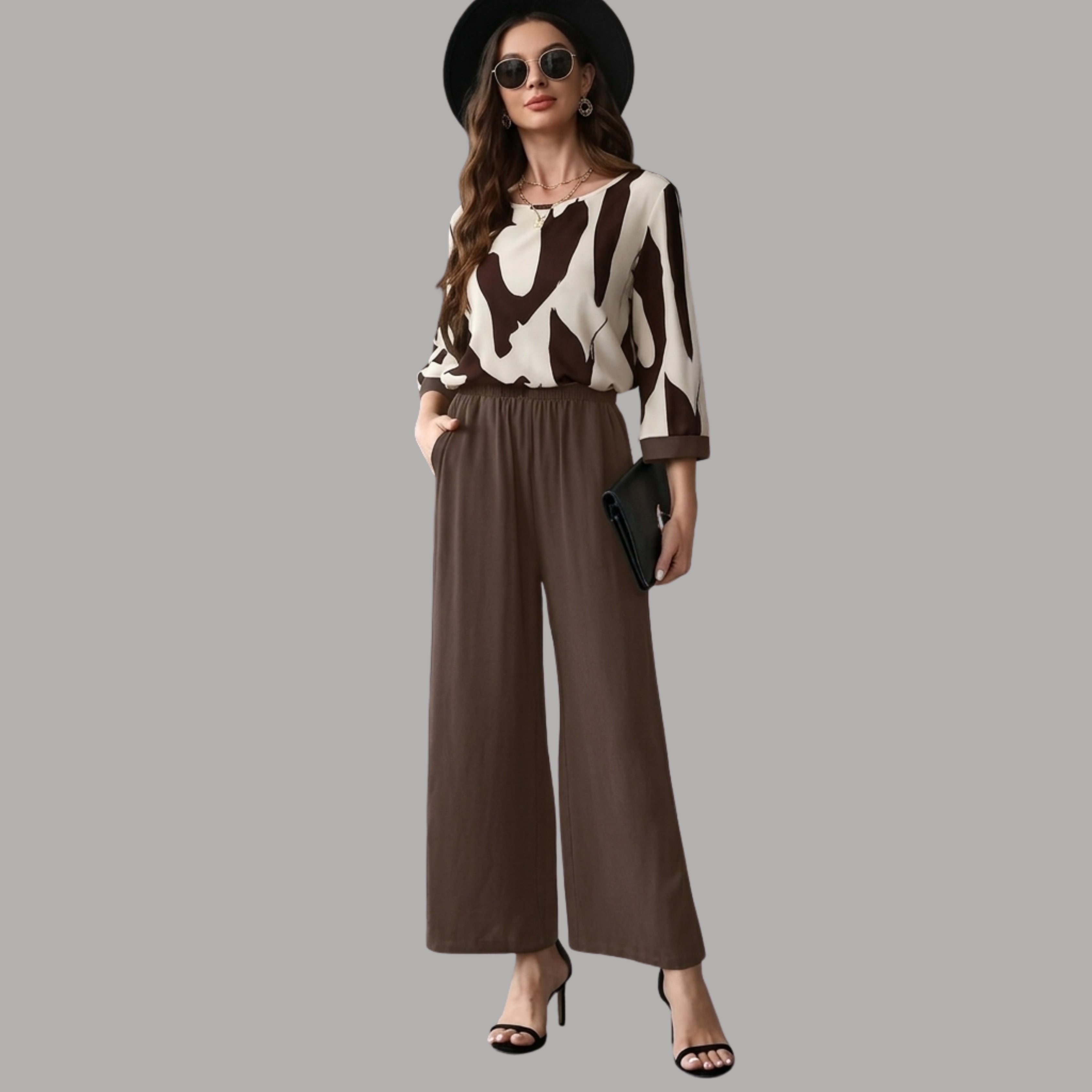 Women's Brown Abstract Print Co-Ord Set | Round Neck Top & Wide Leg Pants