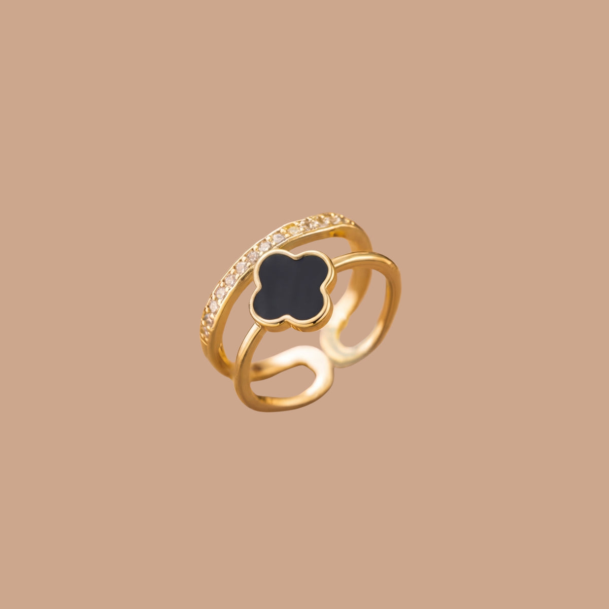 Black Clover Adjustable Ring for Women | Anti-Tarnish Open Ring | Elegant Lucky Clover Statement Ring