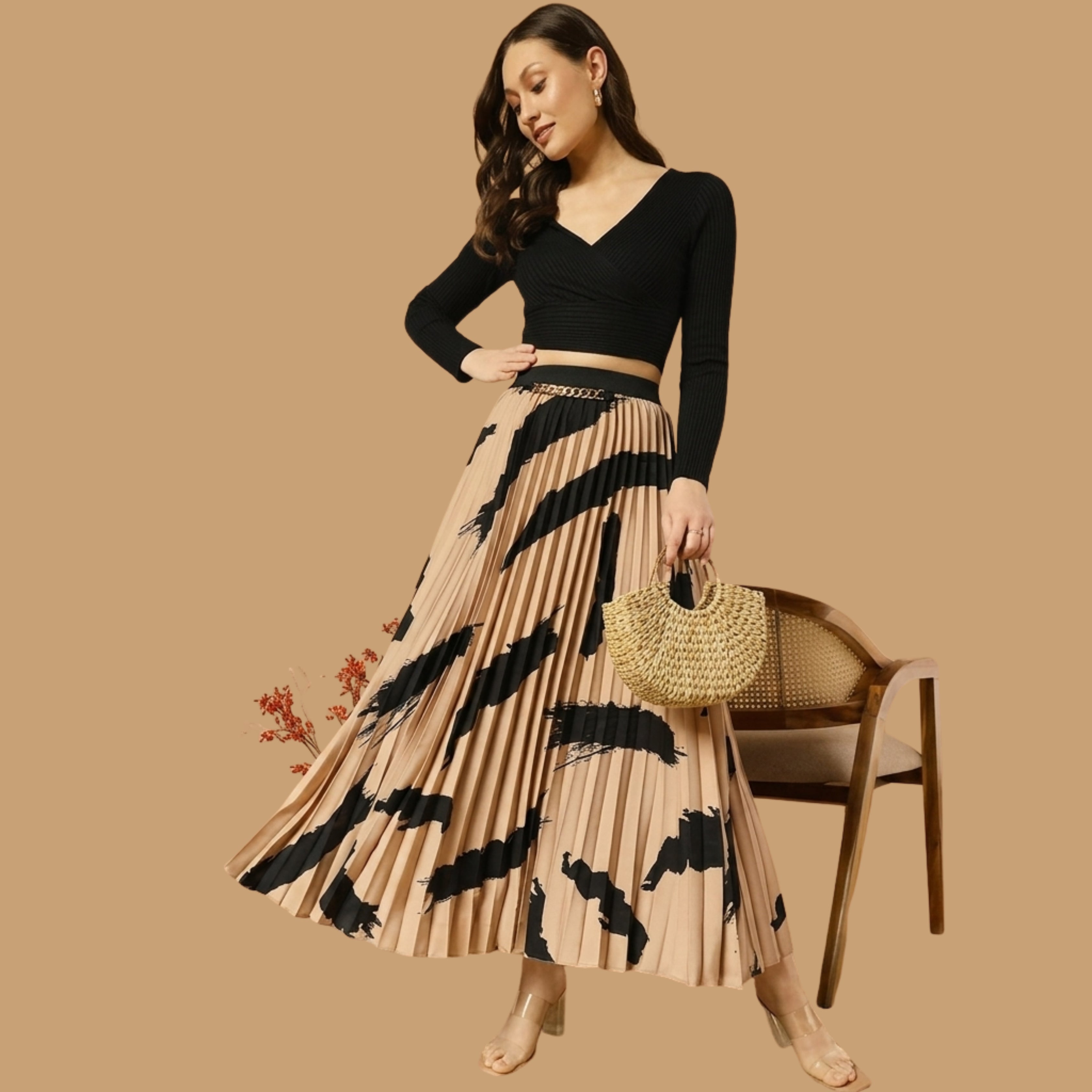 Korean Style Abstract Print Pleated Maxi Skirt for Women | High Waist Elegant Long Skirt