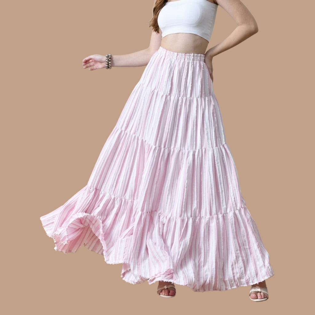 Korean Style Pink Tiered Maxi Skirt for Women | Boho, Soft Girl, and Resort-Wear aesthetic