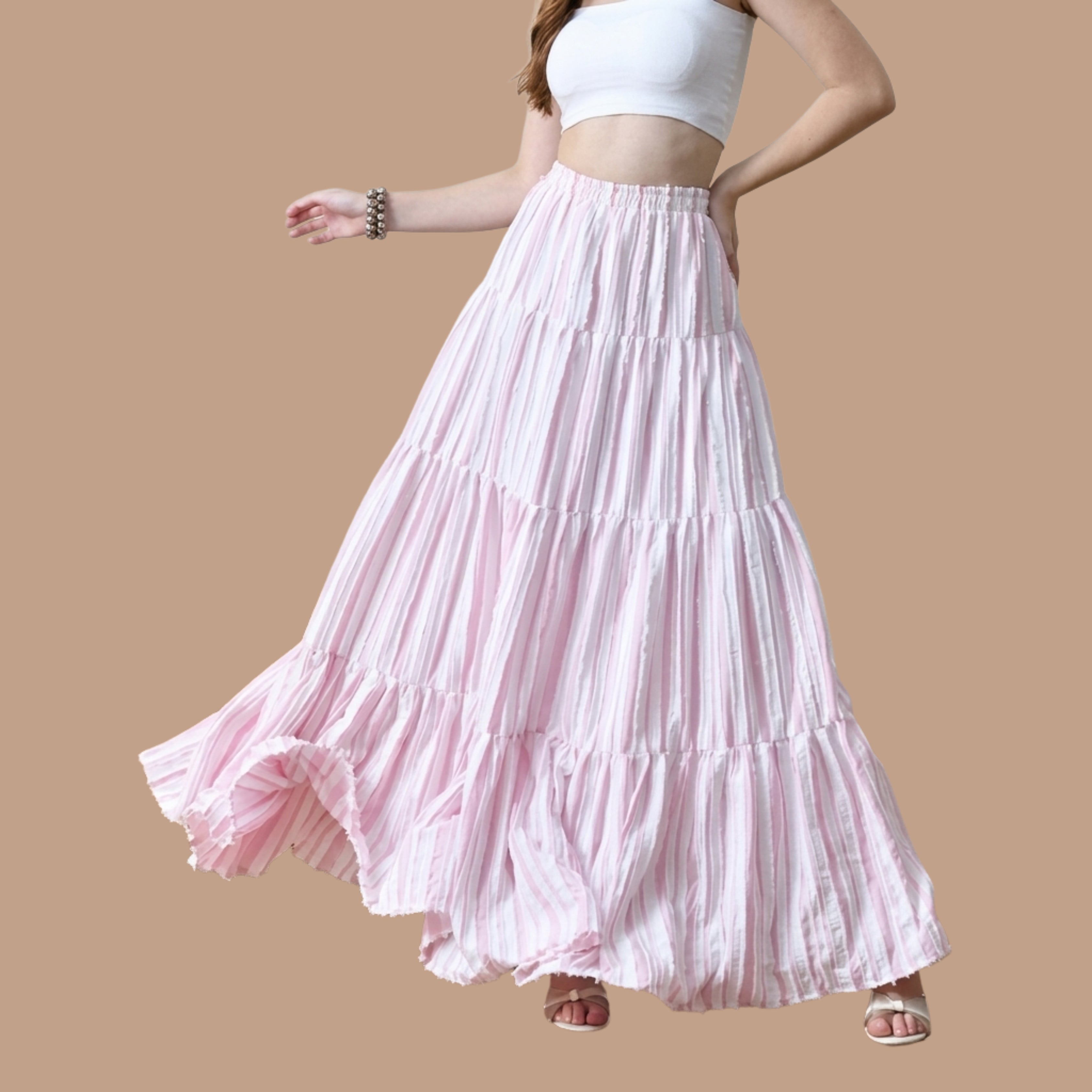Korean Style Pink Tiered Maxi Skirt for Women | Boho, Soft Girl, and Resort-Wear aesthetic