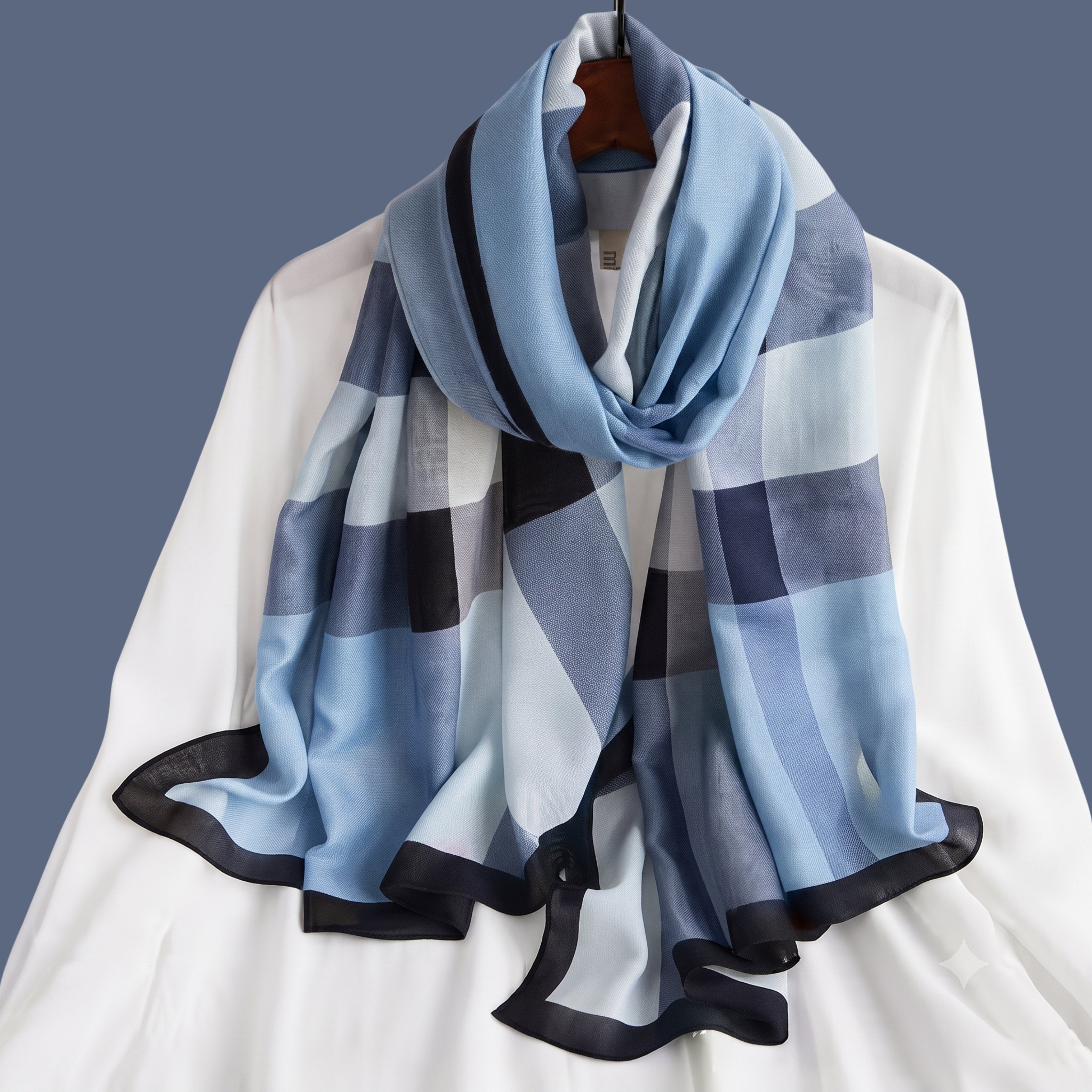 Elegant Sky Blue Checkered Soft Scarf for Women | Lightweight Plaid Shawl, Wrap & Stole