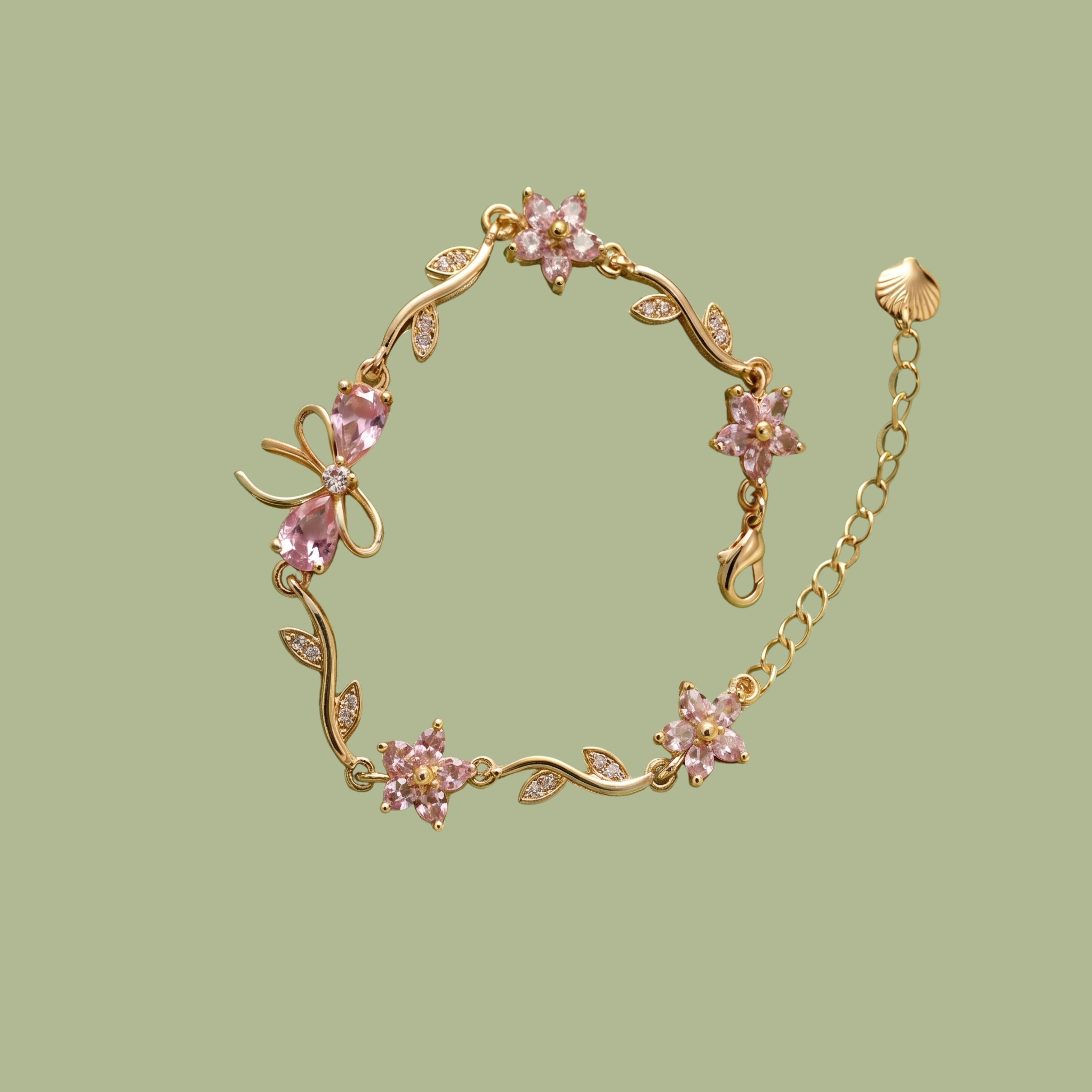 Pink Bow & Floral Bracelet for Women | Adjustable Anti-Tarnish Gold Bracelet
