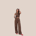 Women's Solid Brown Crop Top & Wide Leg Pant Co-Ord Set | Sleeveless Two-Piece Casual Lounge & Travel Outfit