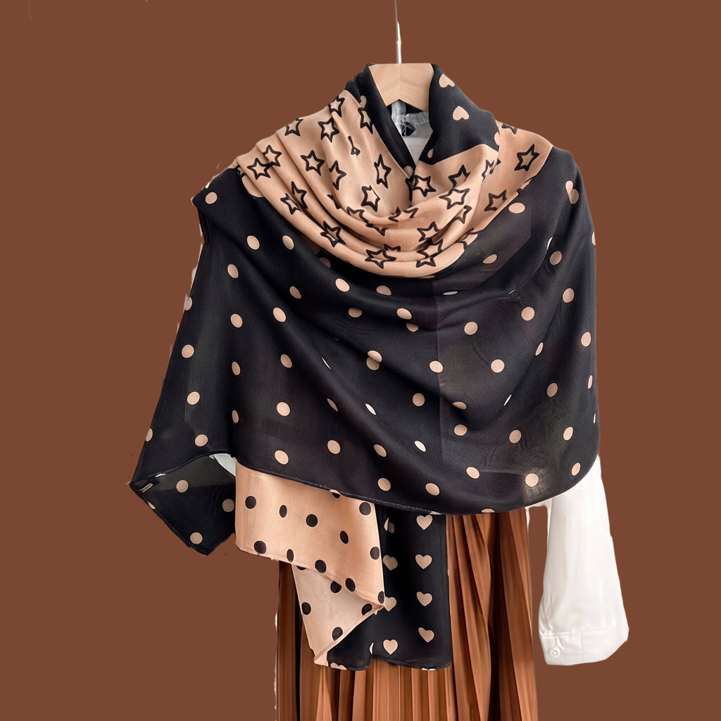 Elegant Black & Beige Polka Dot Heart Print Scarf for Women