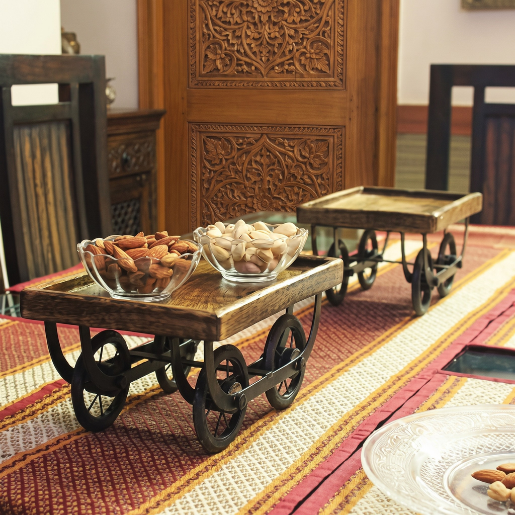 Wooden Cart-Shaped Serving Tray | Rustic Brown Decorative Snack & Tea Platter