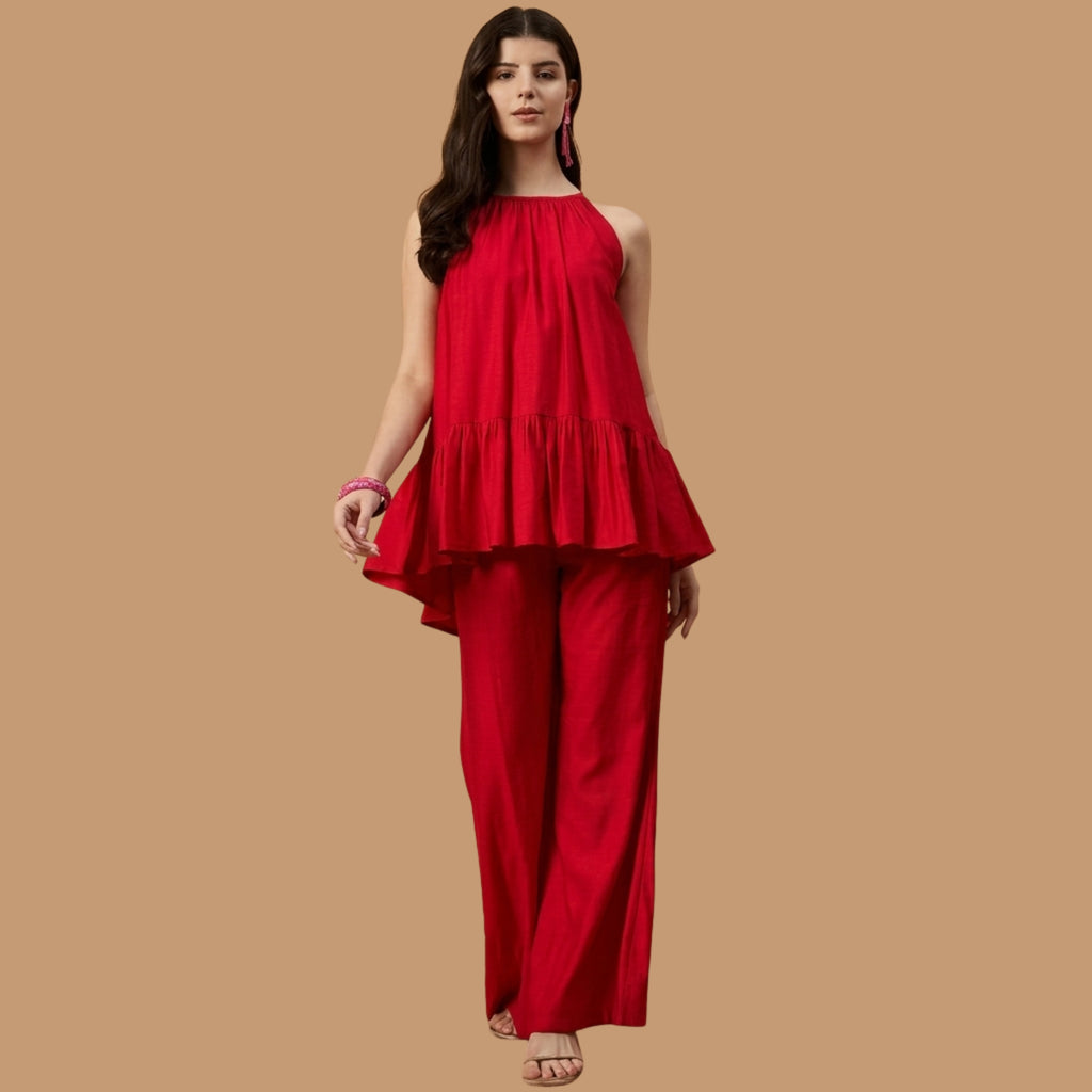 Women's Red Halter Neck Peplum Co-Ord Set with Wide Leg Pants