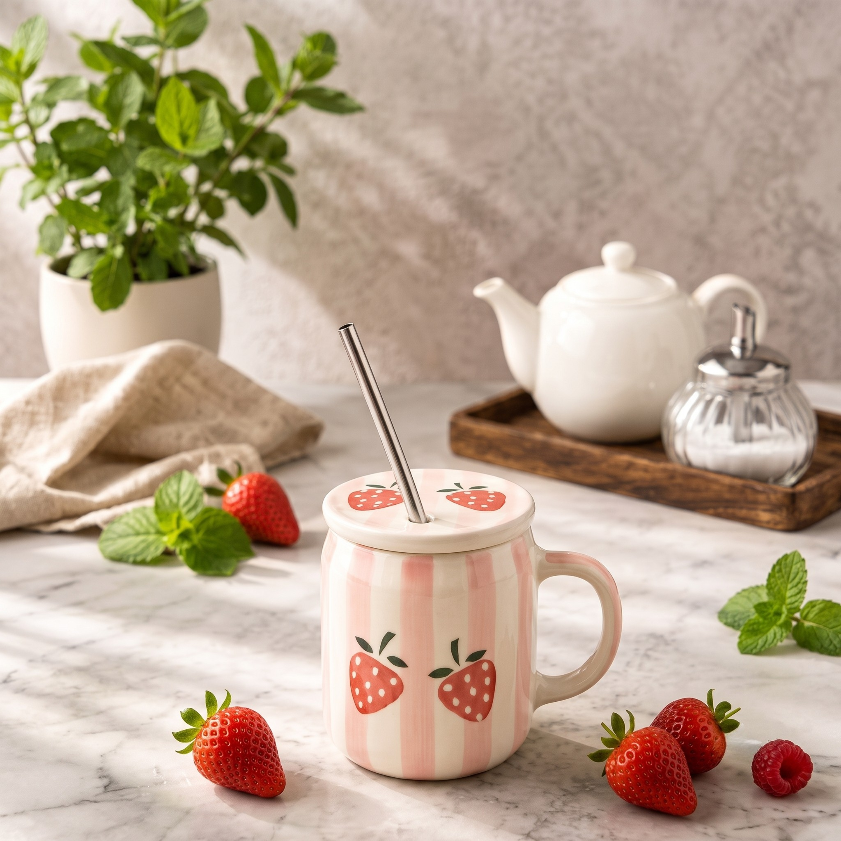 Premium Pink Striped Strawberry Ceramic Mug with Lid & Metal Straw