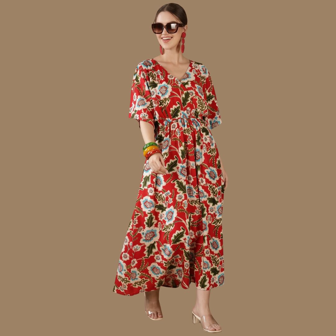 Red Floral Print V-Neck Maxi Dress