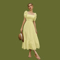 Yellow Smocked Square Neck Puff Sleeve Midi Dress for Women