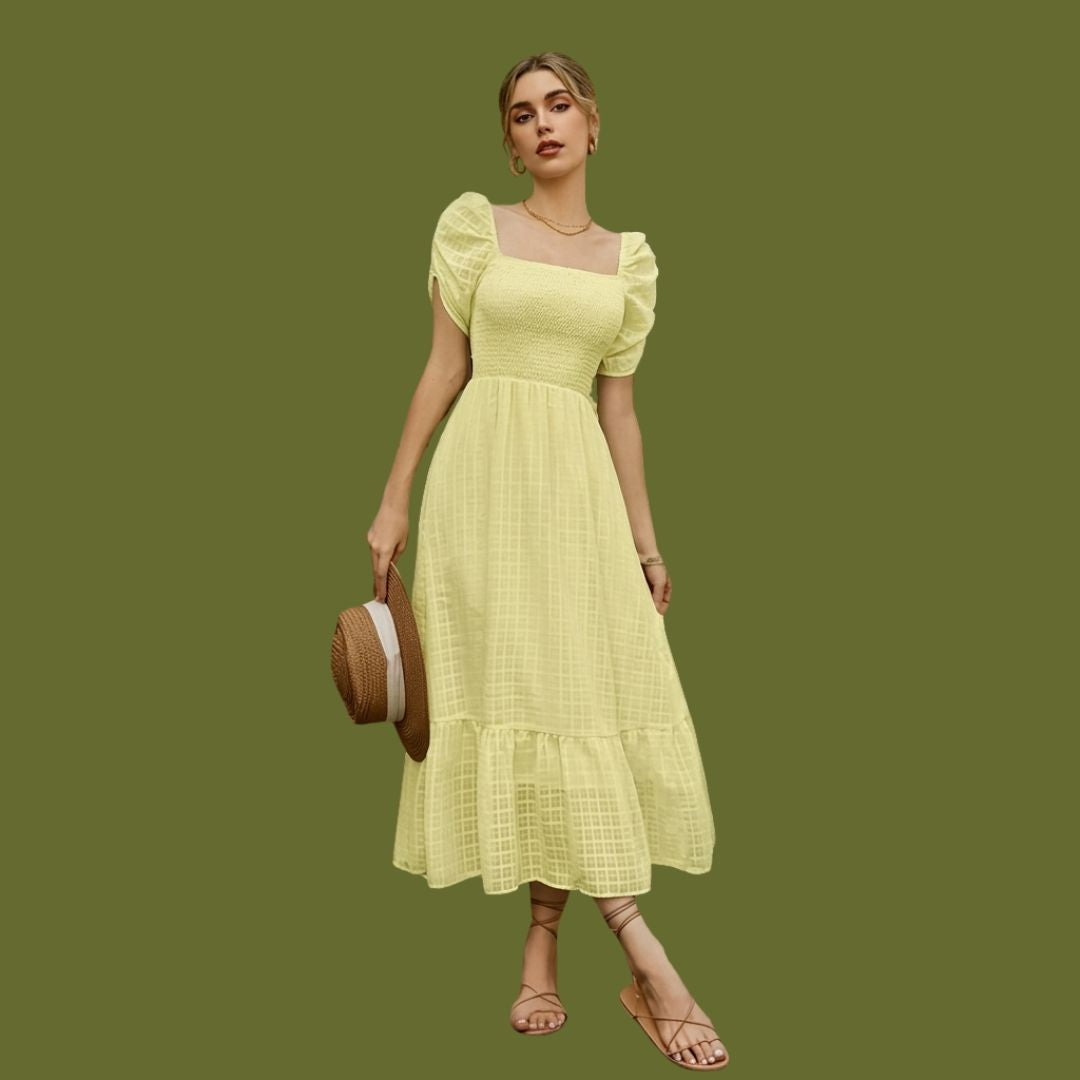 Yellow Smocked Square Neck Puff Sleeve Midi Dress for Women