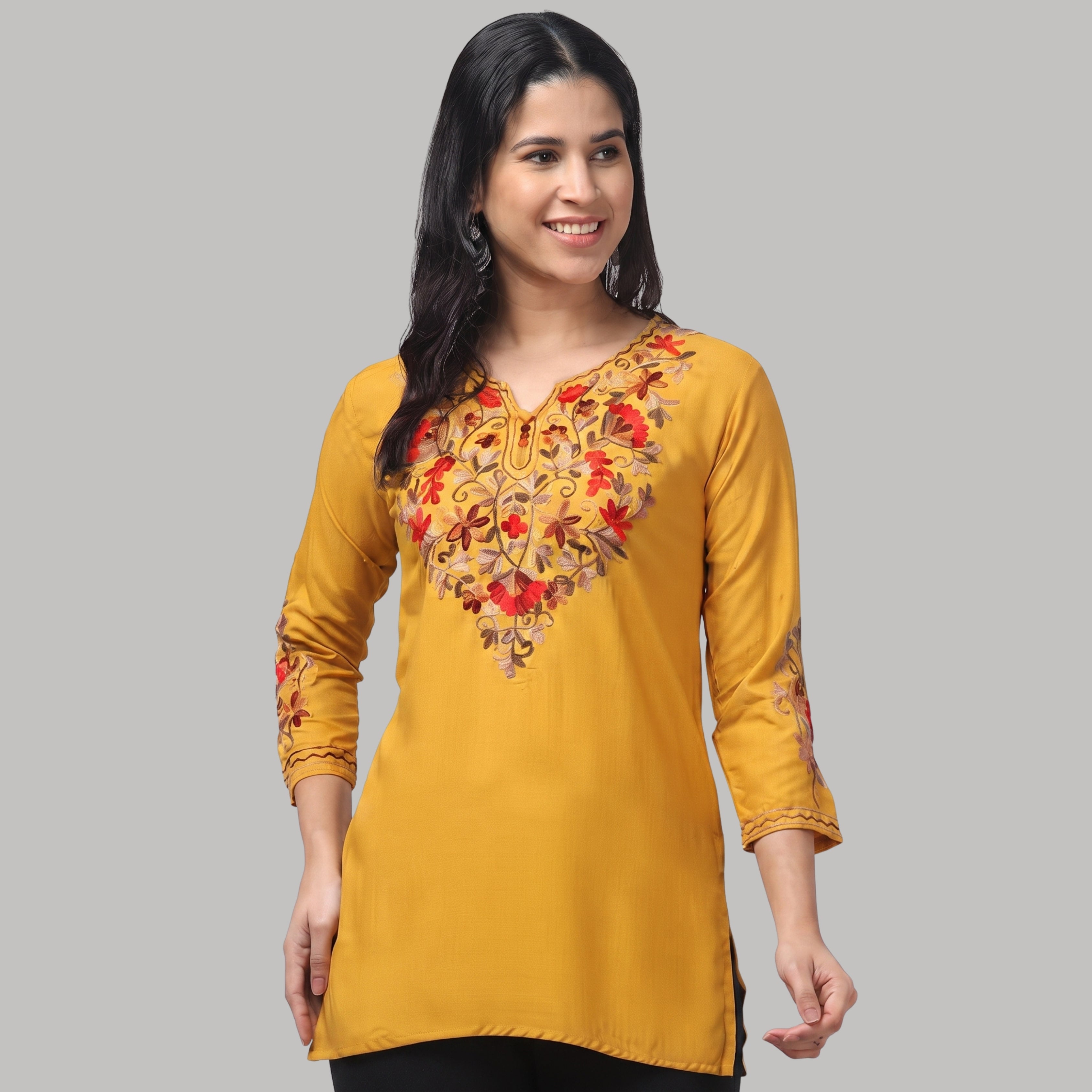 Women's Yellow Floral Embroidered Short Kurti  | Casual, Office & Festive Wear
