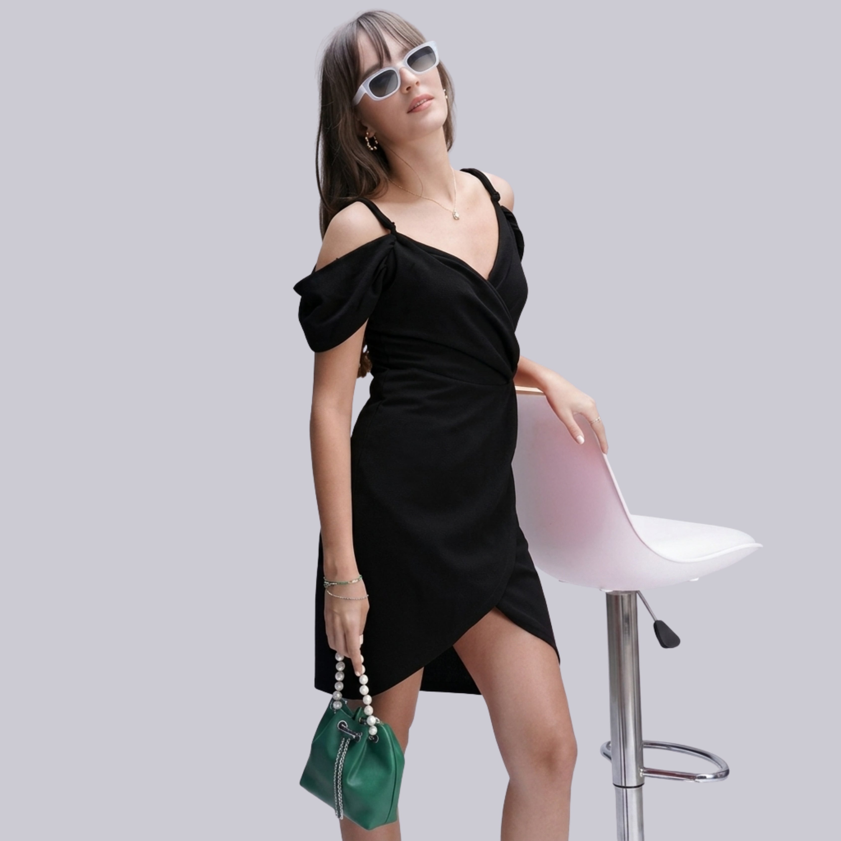 Women's Black Off-Shoulder Wrap Mini Dress