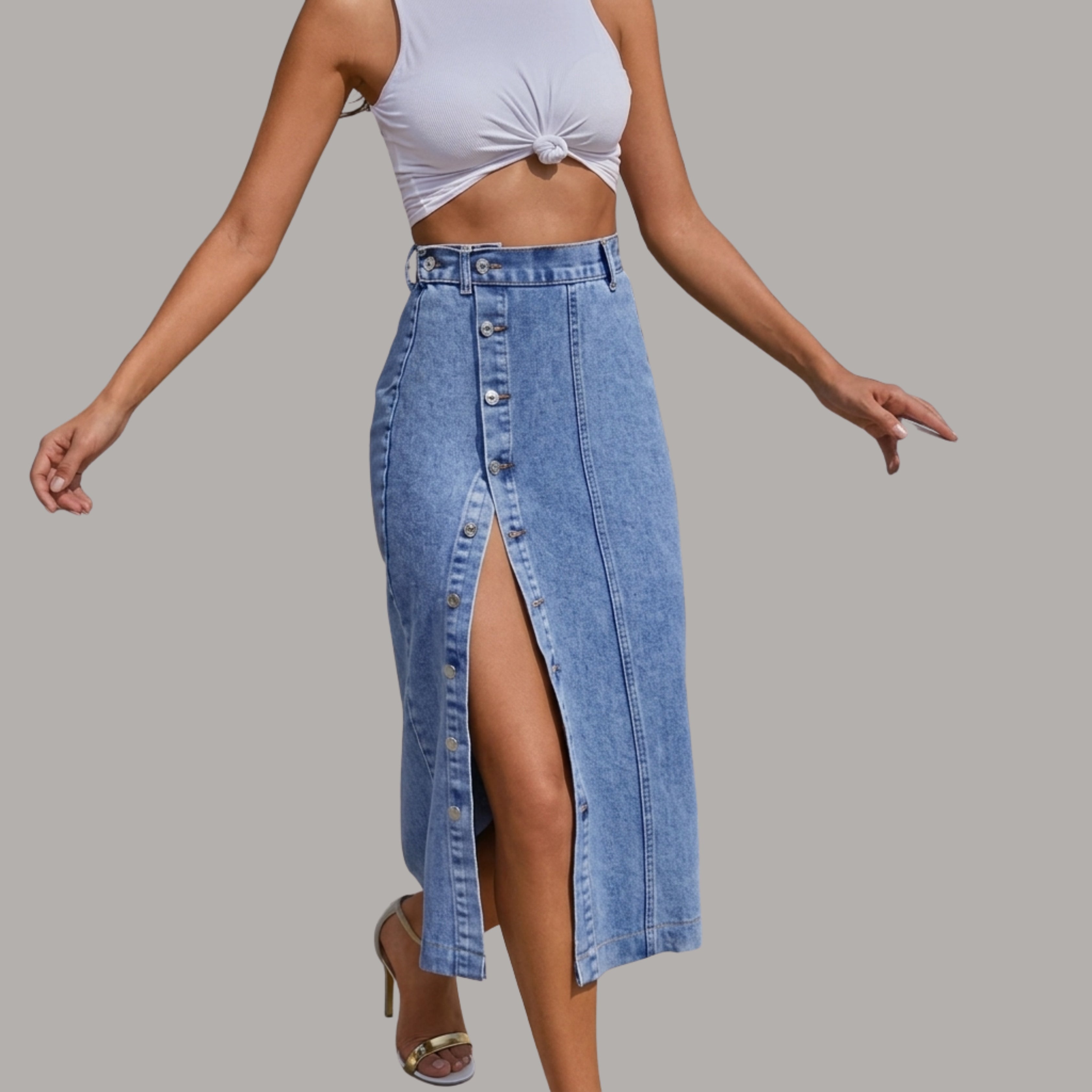Korean High Waist Button Front Denim Midi Skirt with Front Slit | Nine99 Store