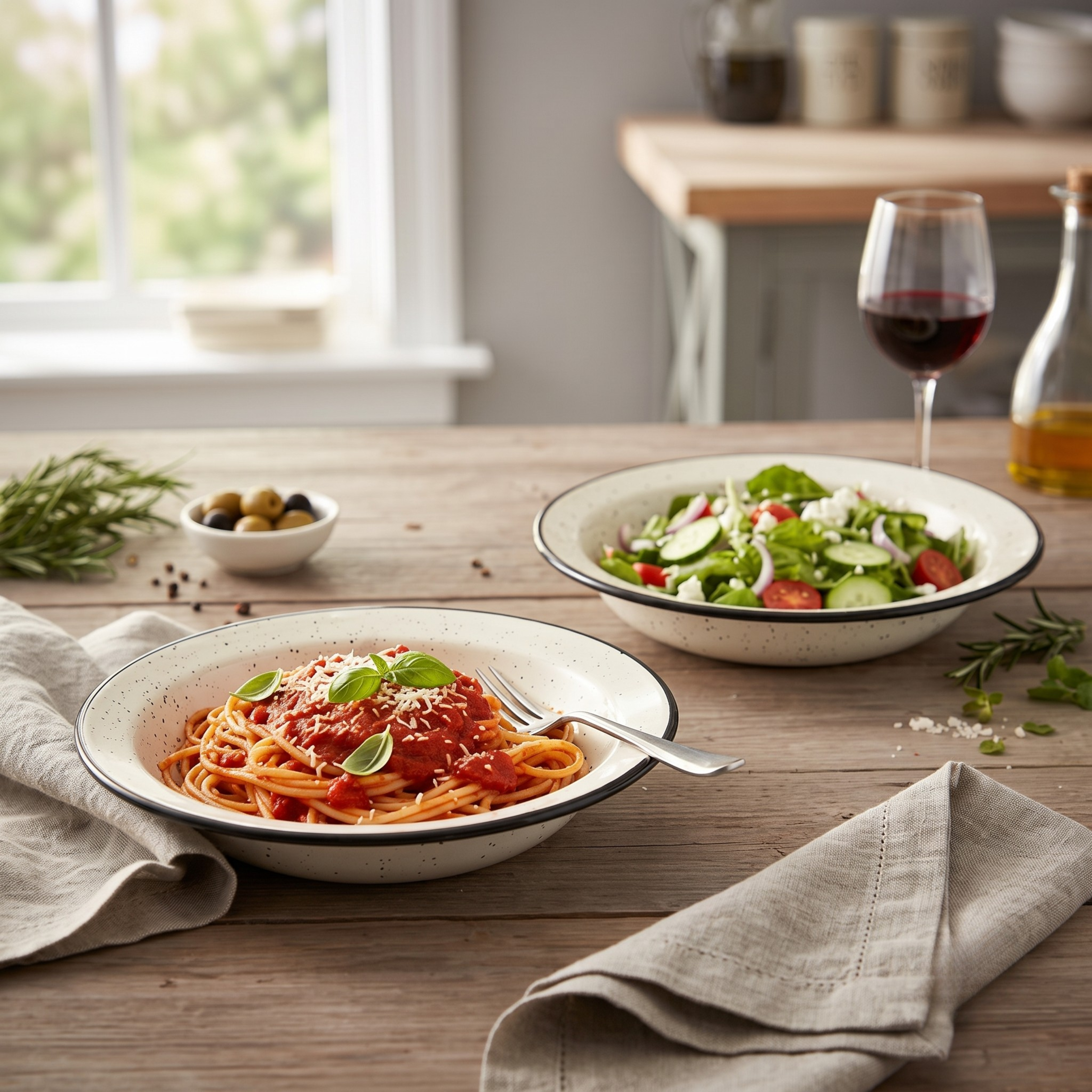 Rustic Speckled Ceramic Pasta & Salad Bowls – White with Black Border (Set of 2)