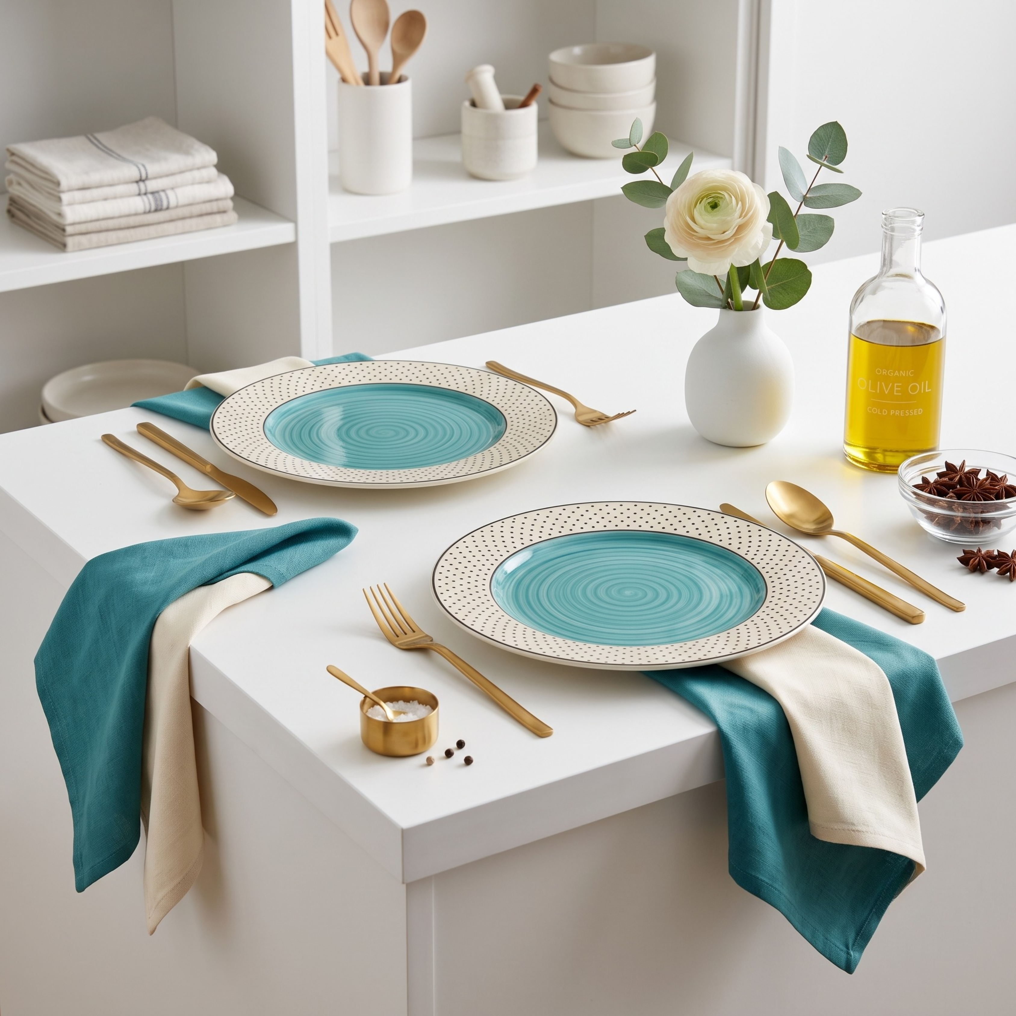 Premium Hand-Painted Ceramic Plate (20cm) - Teal Spiral & Polka Dot Design | Eco-Friendly Dinnerware