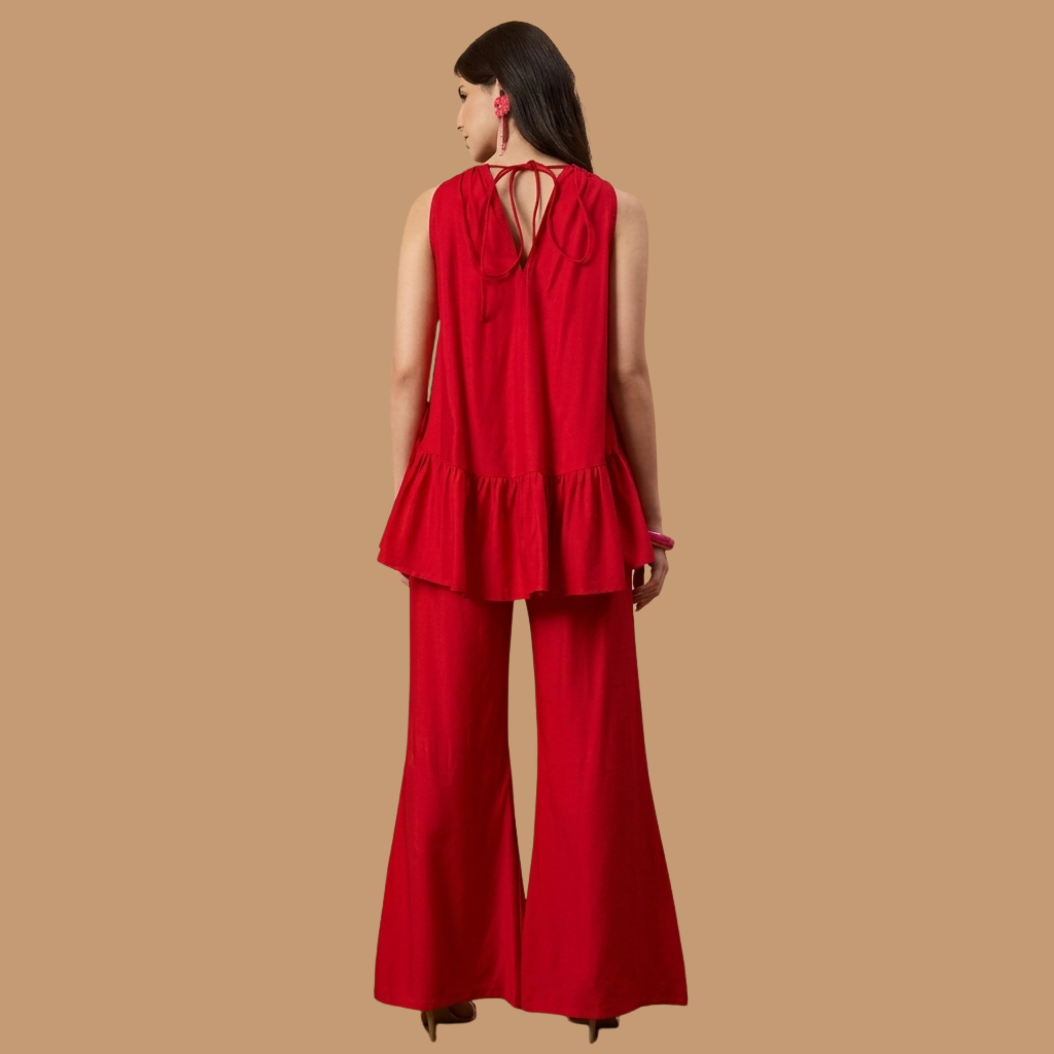 Women's Red Halter Neck Peplum Co-Ord Set with Wide Leg Pants