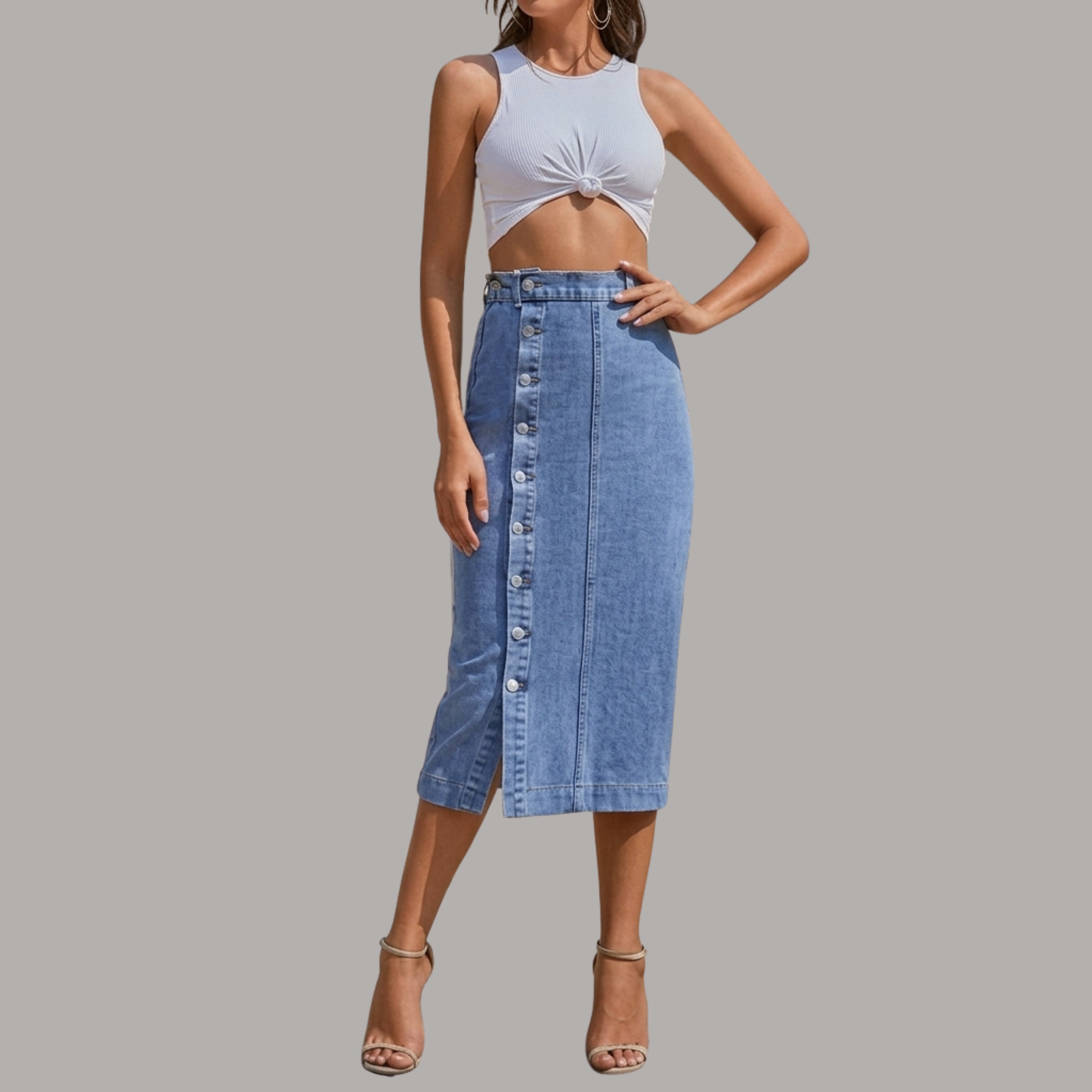 Korean High Waist Button Front Denim Midi Skirt with Front Slit | Nine99 Store