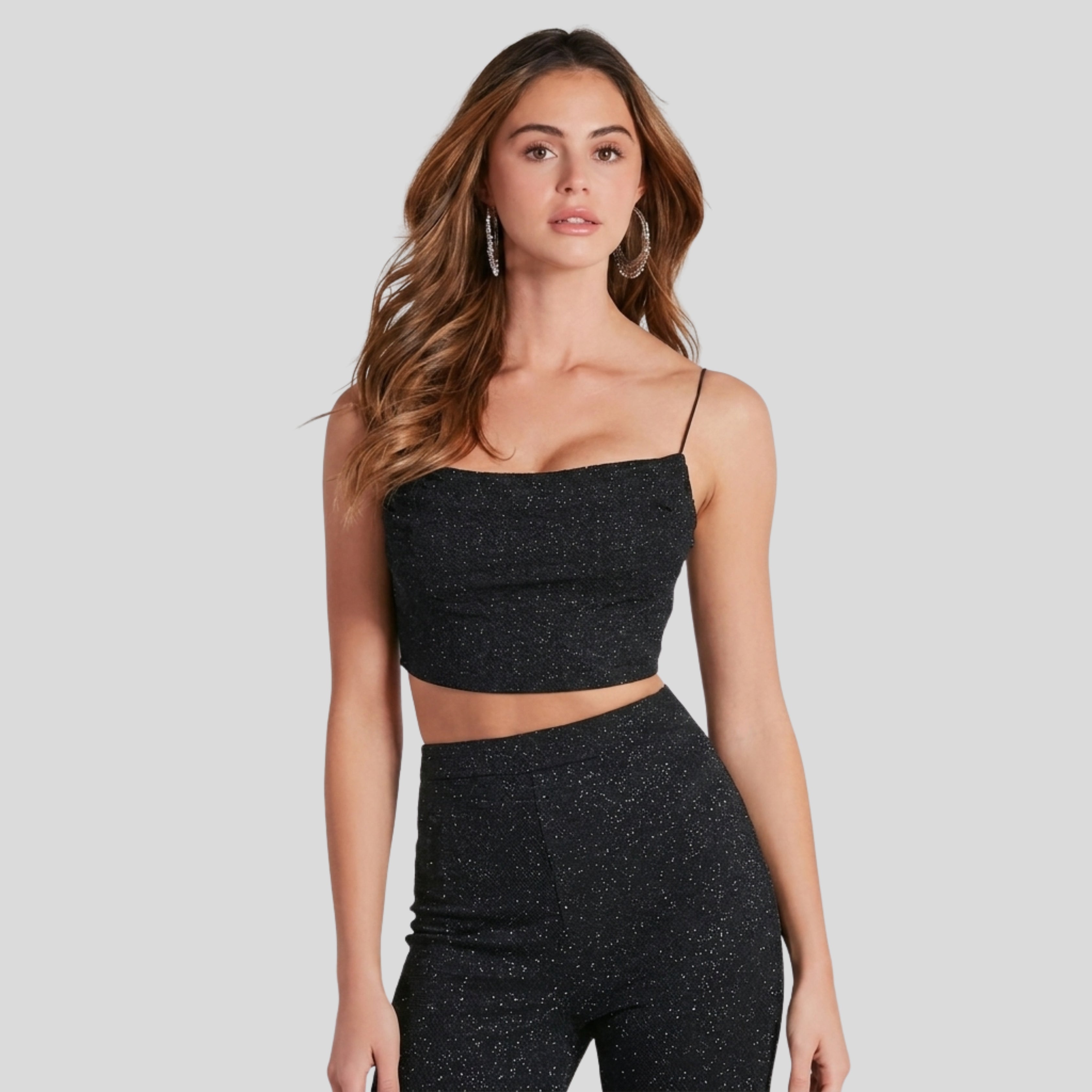 Women's Black Glitter Party Co-Ord Set | Sparkly Crop Top & Flared Pants