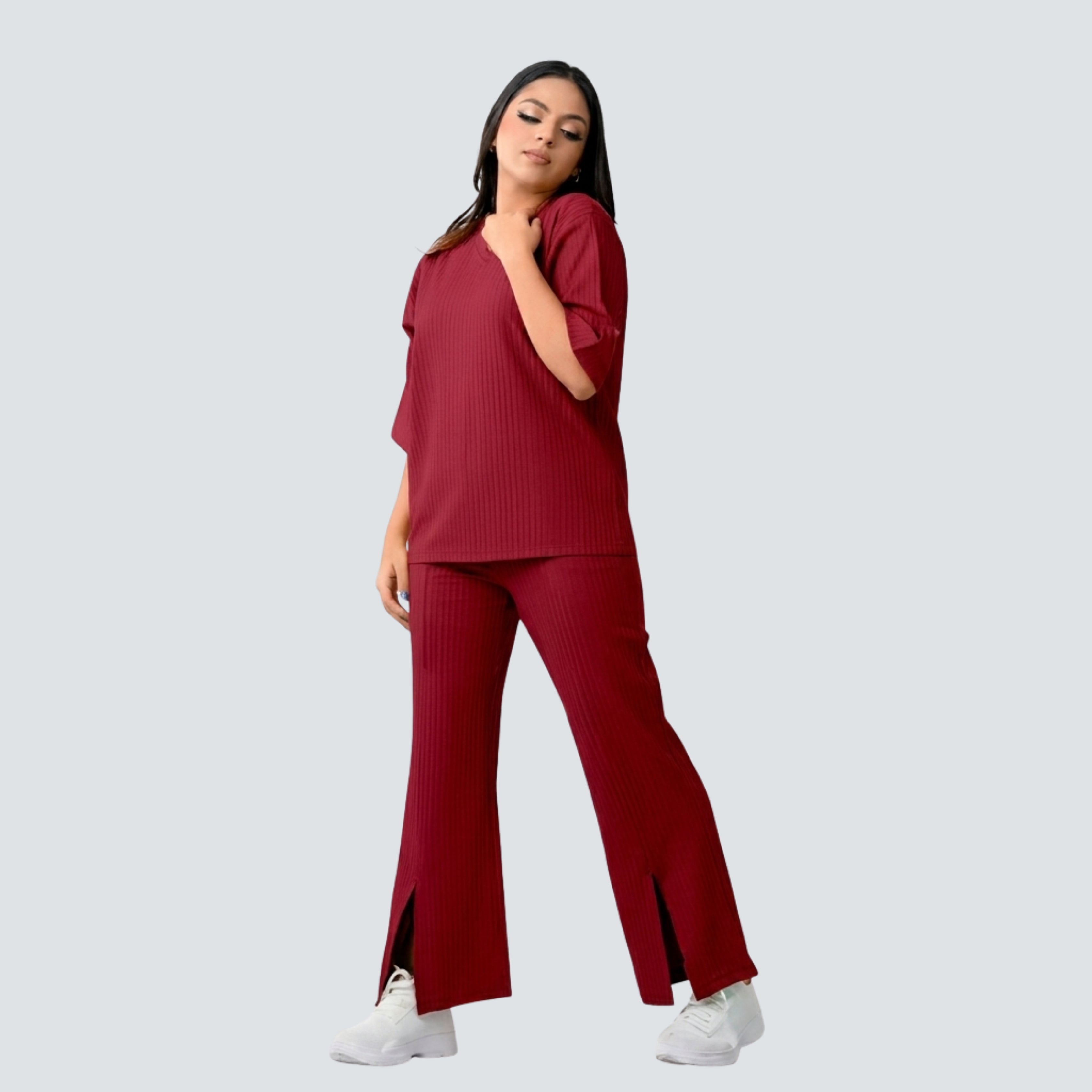 Women's Ribbed Co-Ord Set | Oversized Half Sleeve Top & Straight Fit Slit Pants | Casual Lounge Wear