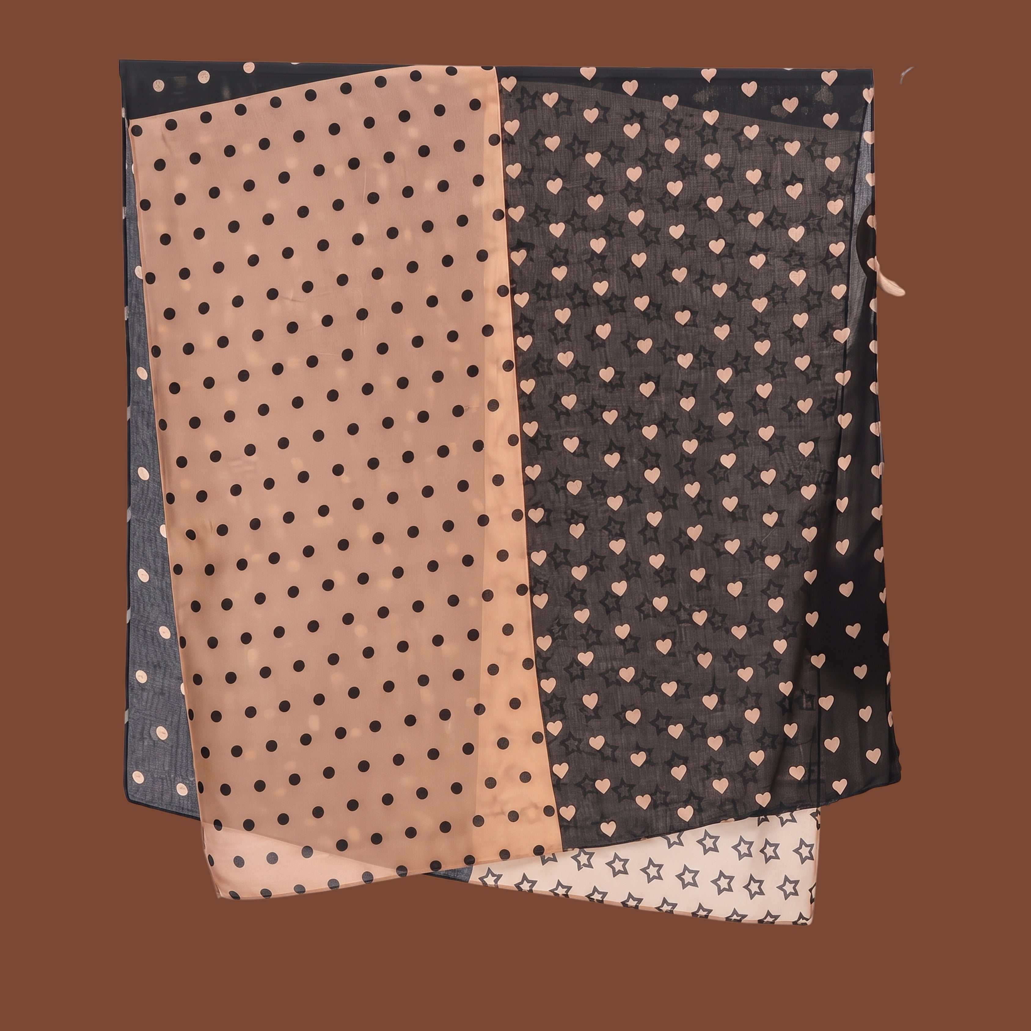 Elegant Black & Beige Polka Dot Heart Print Scarf for Women