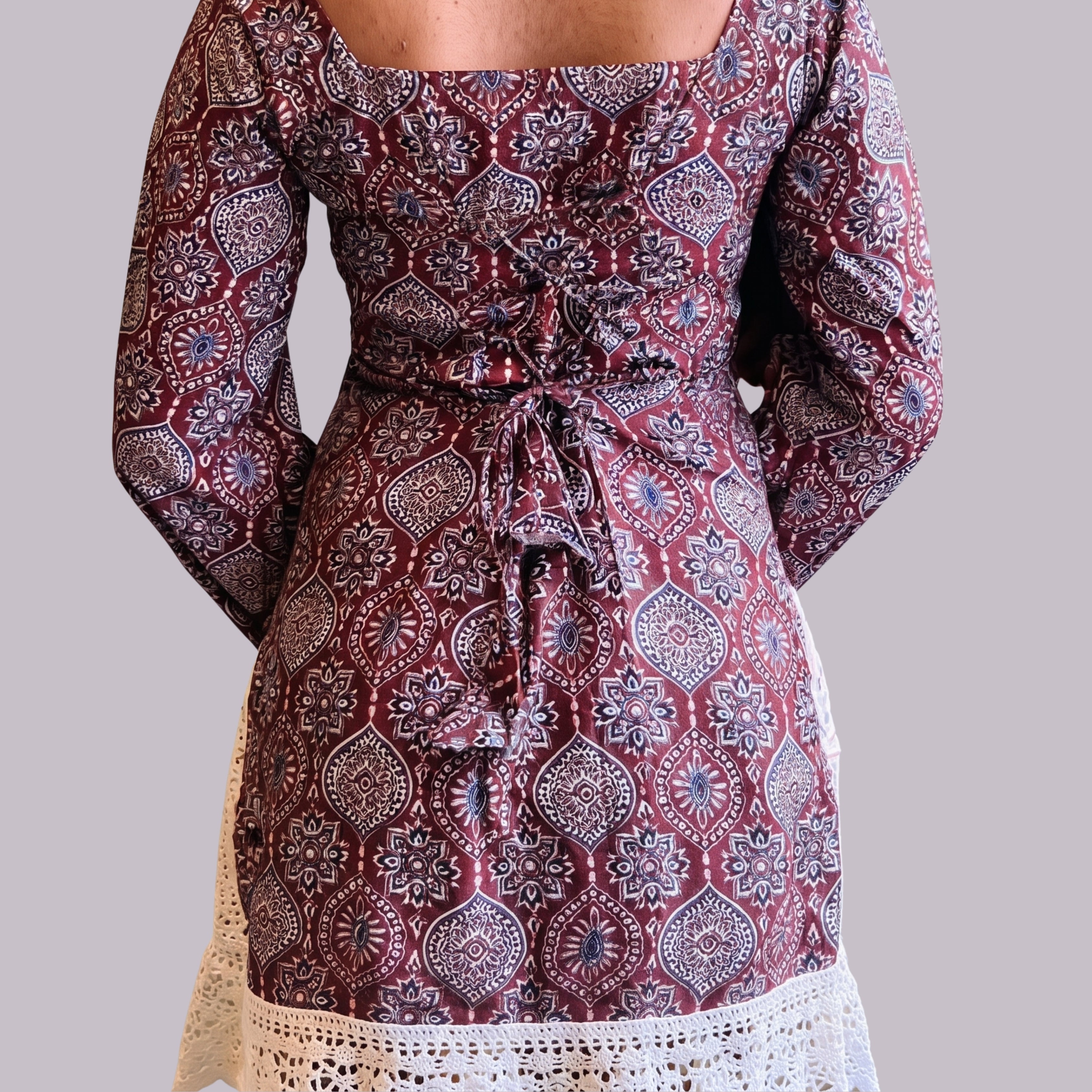 Women's Maroon Ajrakh Printed Short Kurti | Square Neck Bell Sleeve Ethnic Top with Back Tie-Up