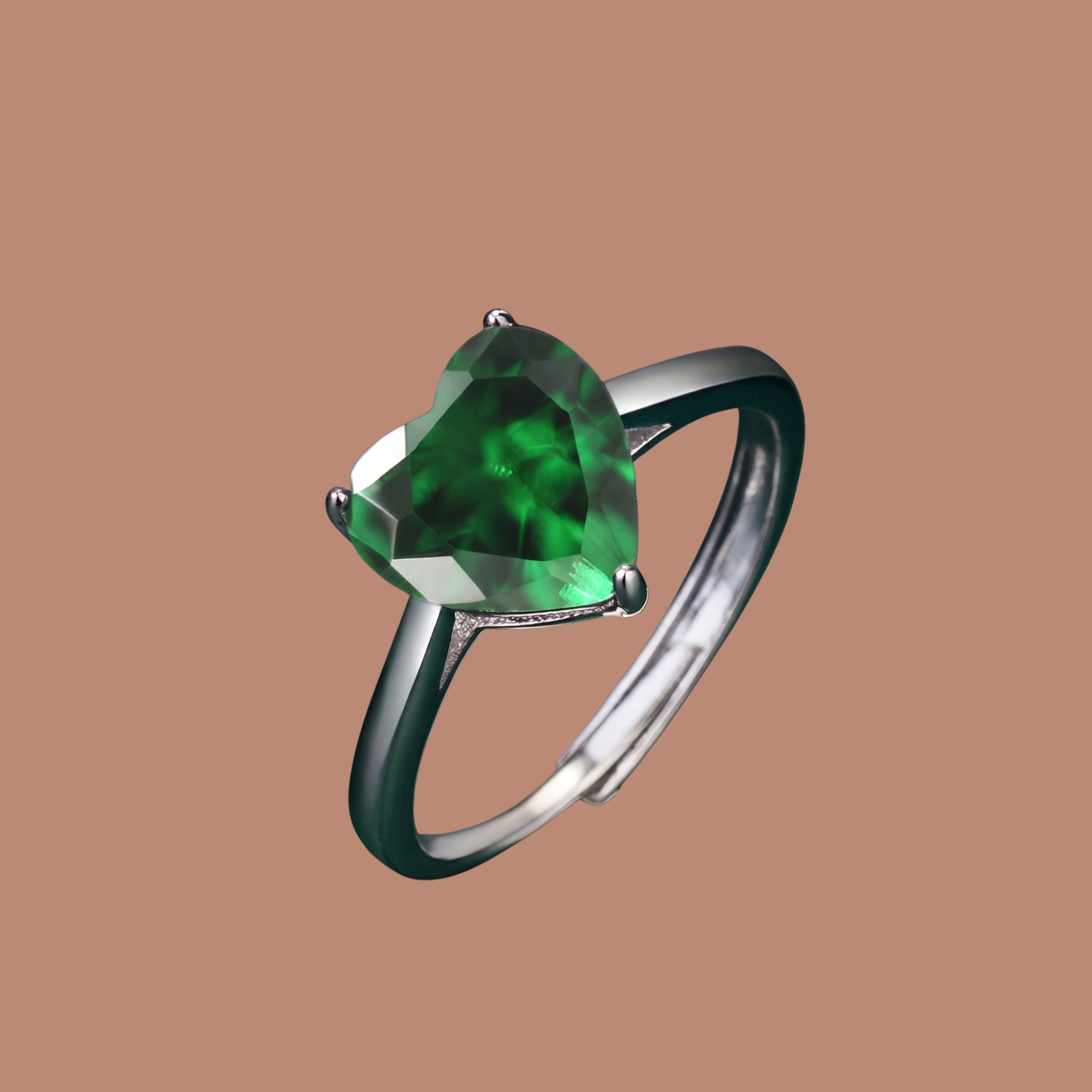 Adjustable Green Heart Ring for Women | Anti-Tarnish Silver-Tone Gemstone Ring