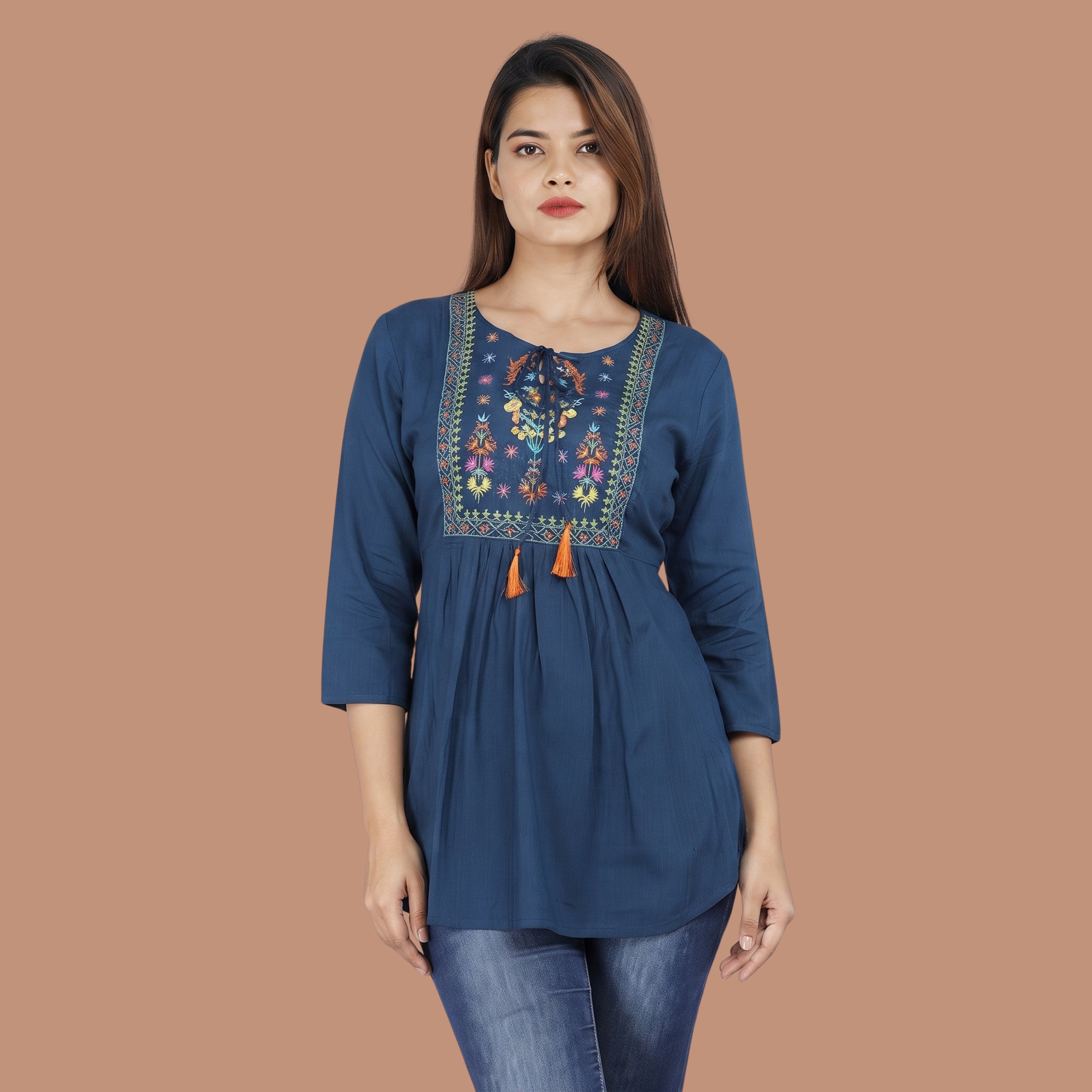 Women's Navy Blue Embroidered Short Kurti | Casual Ethnic Top