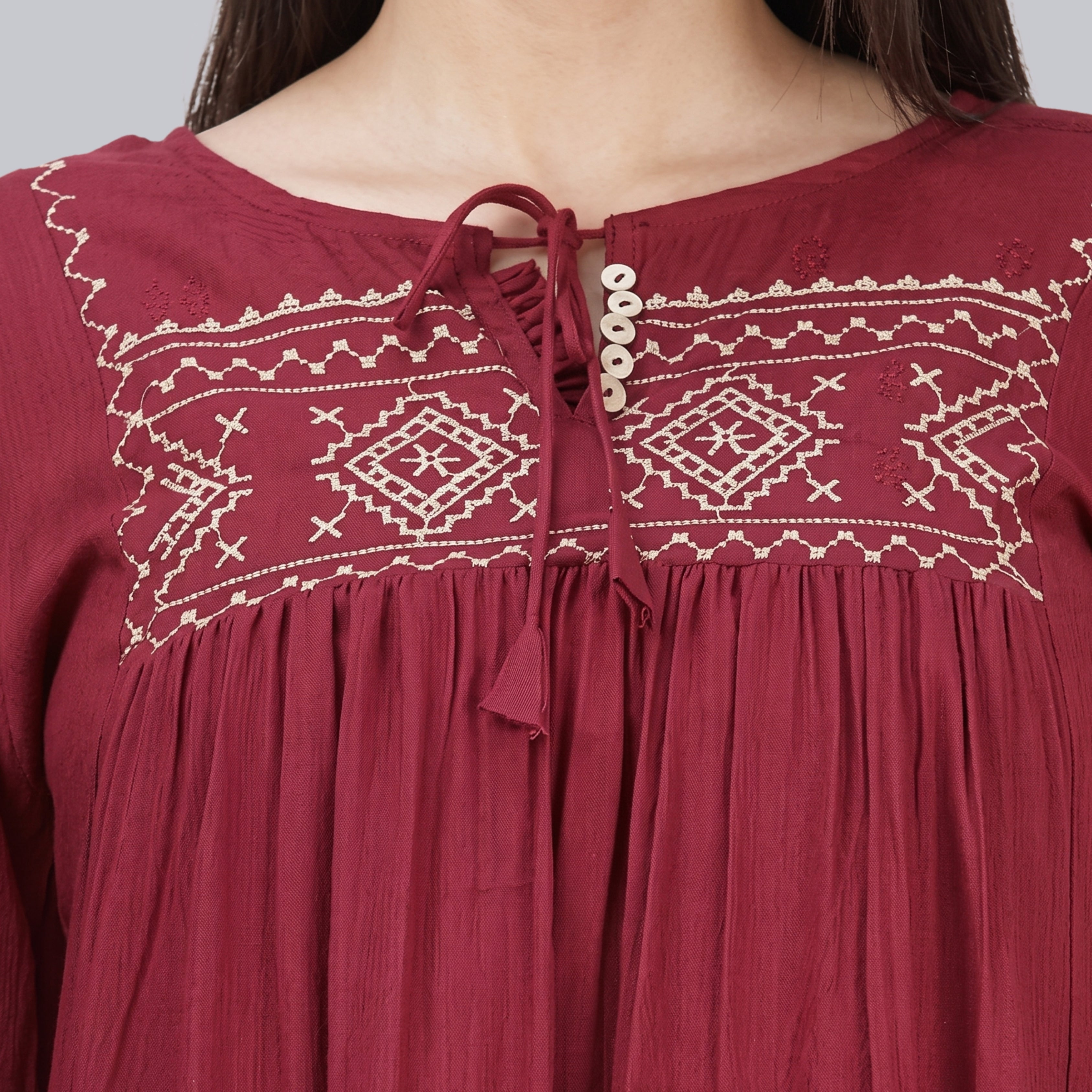 Women's Maroon Embroidered Short Kurti | Casual & Office Wear