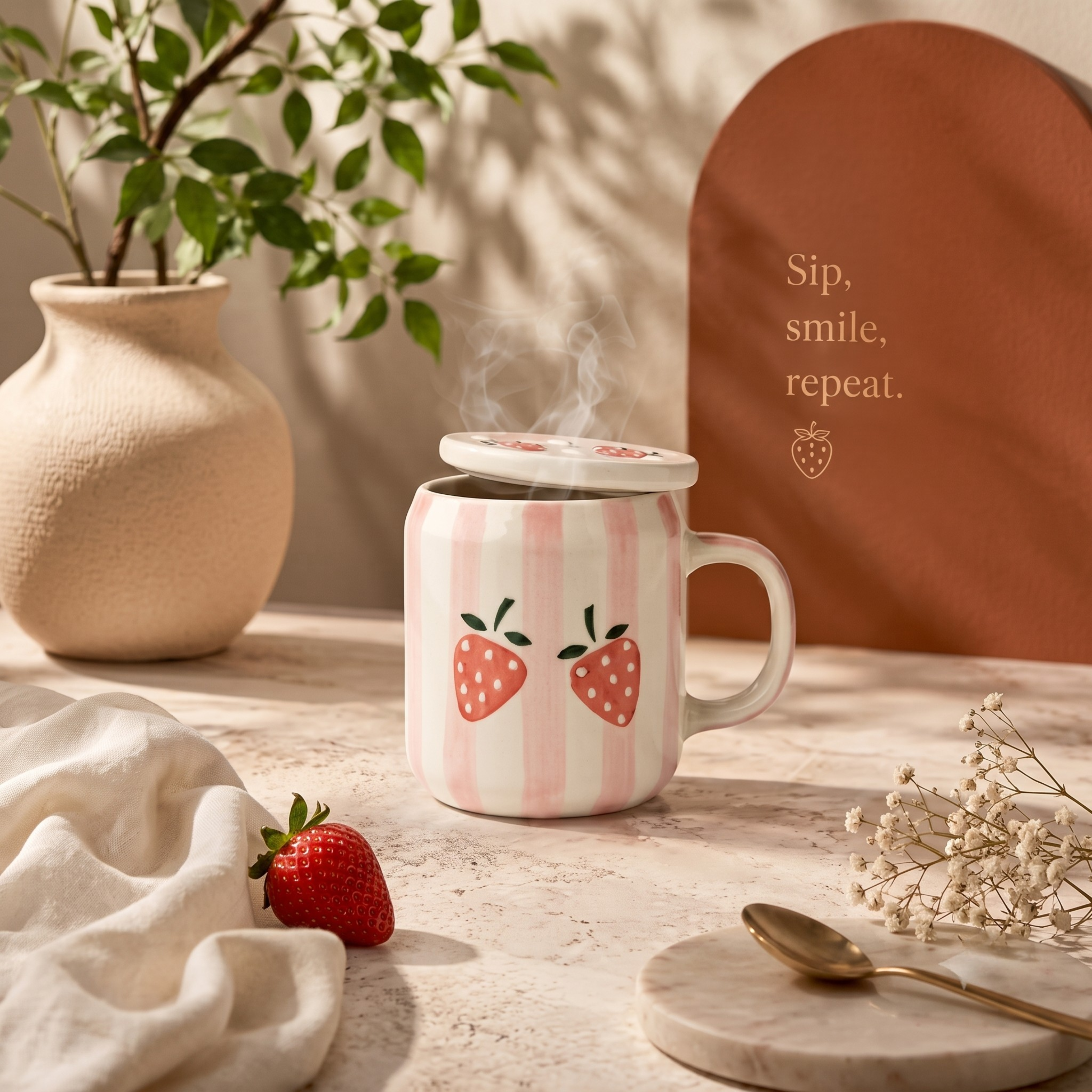 Premium Pink Striped Strawberry Ceramic Mug with Lid & Metal Straw