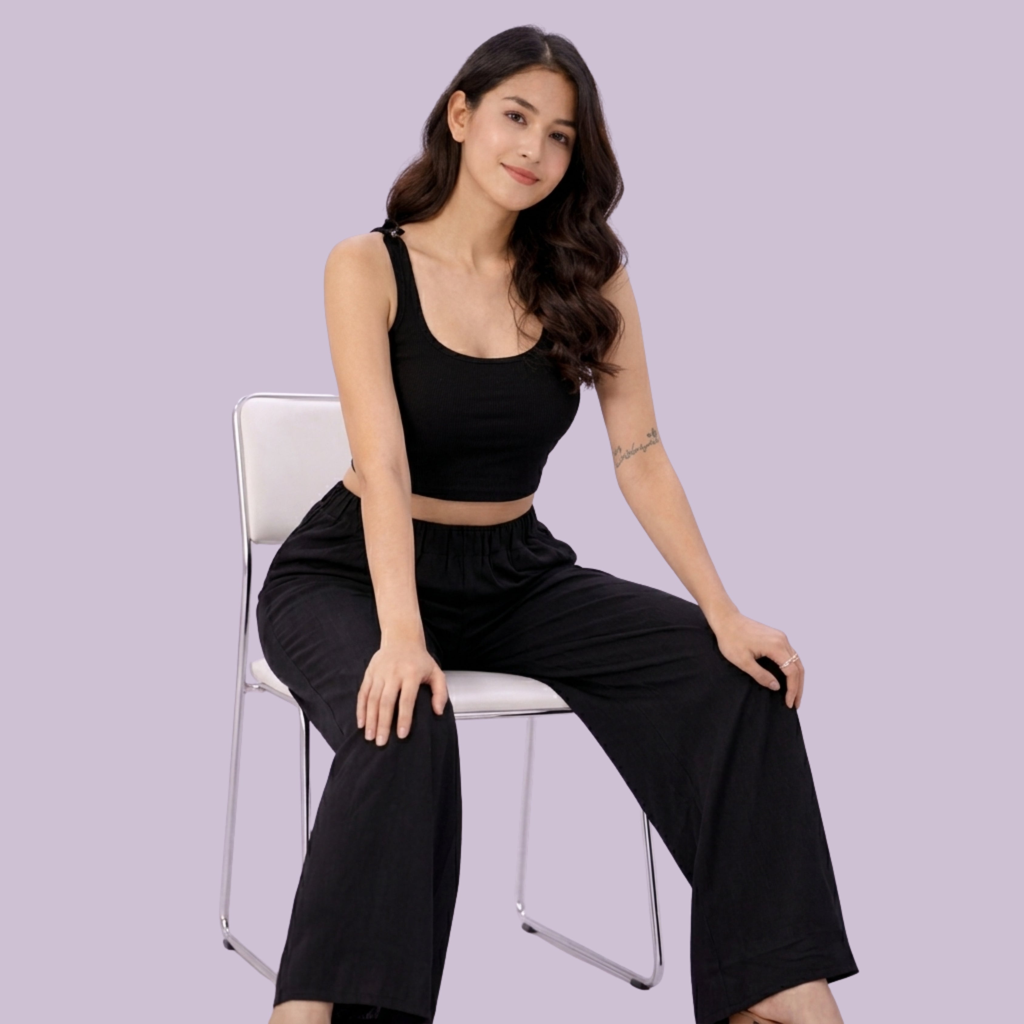 Women's Black Crop Top & Wide-Leg Pants Co-Ord Set | Casual Lounge Wear Co-Ord